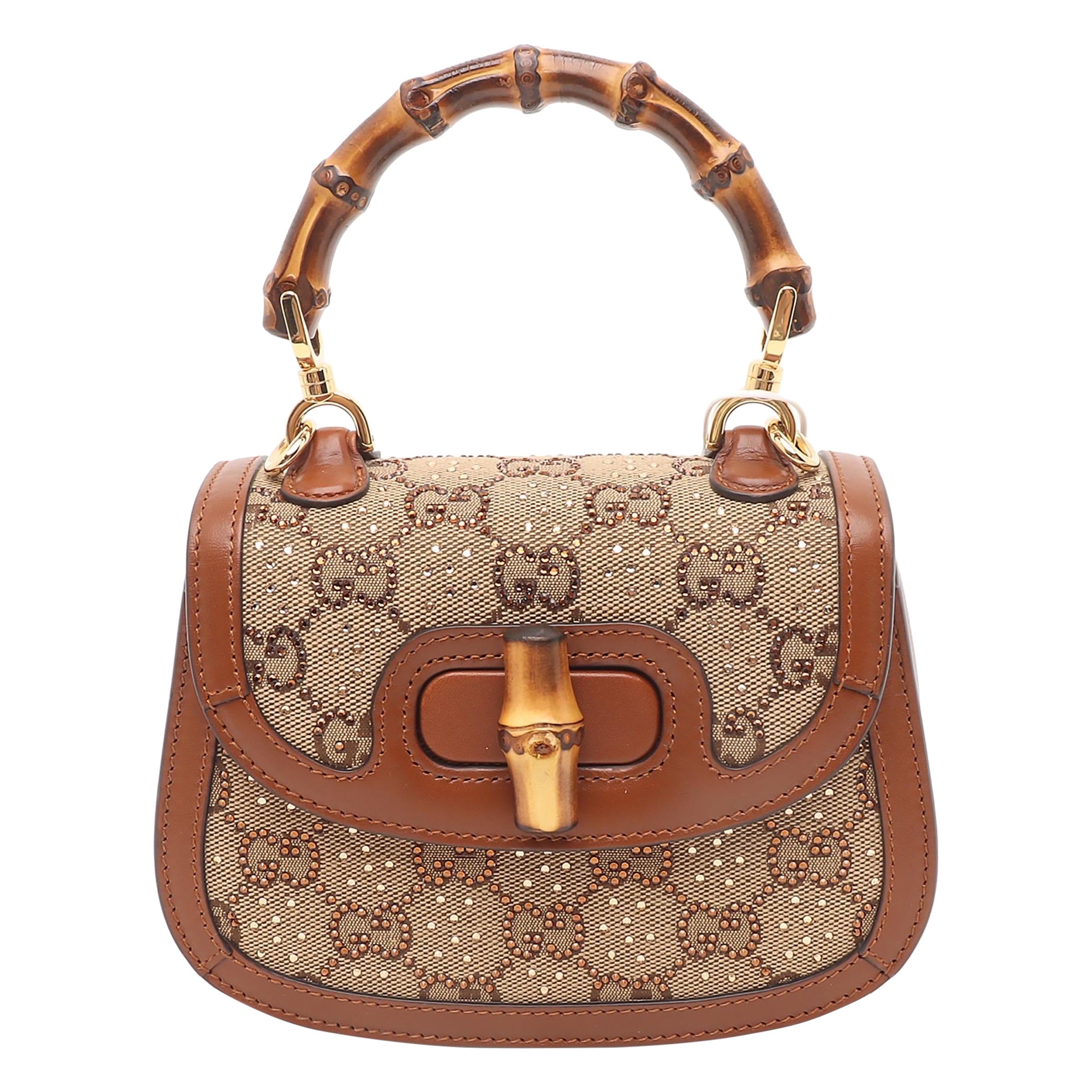 Gucci Bamboo 1947 Mini Brown Leather and Canvas with Glitter Crossbody Bag