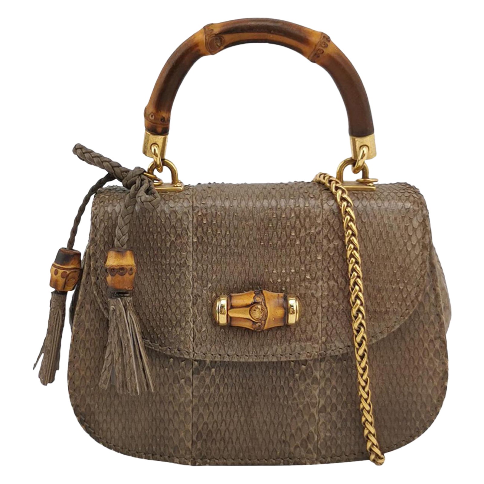 Gucci Bamboo 1947 Night Mini Borsa da sera in pelle di serpente pitonata con catena