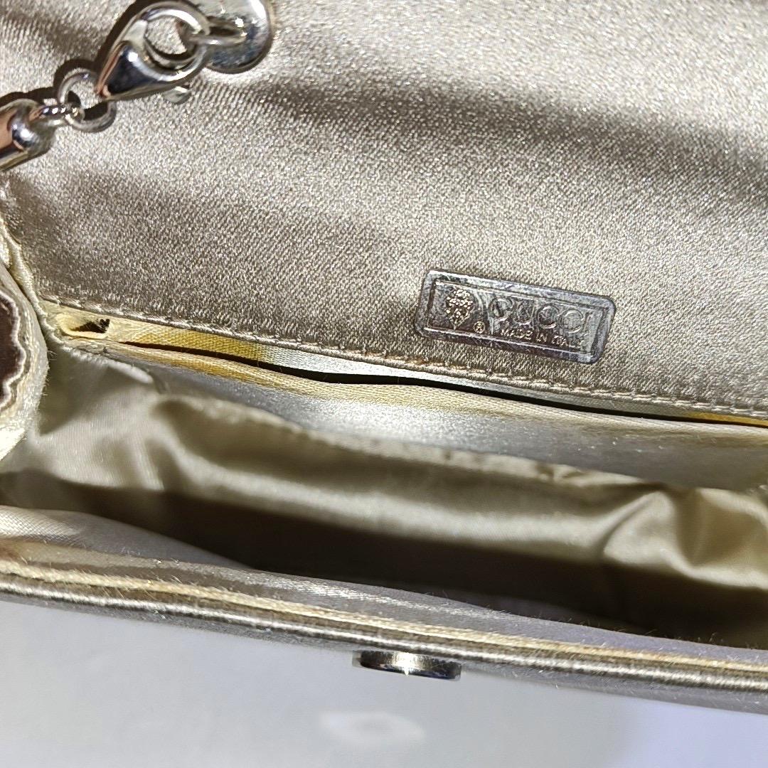 Gucci Bamboo 1947 Night Super Mini Beige Silk Evening Bag with Chain For Sale 7