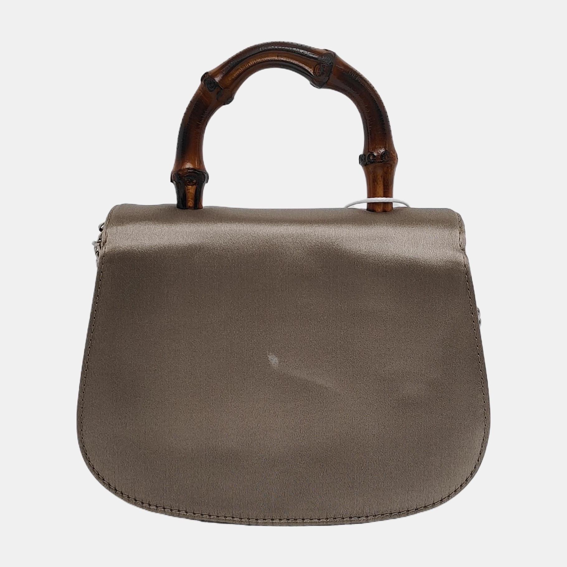 Gucci Bamboo 1947 Night Super Mini Beige Silk Evening Bag with Chain For Sale 2