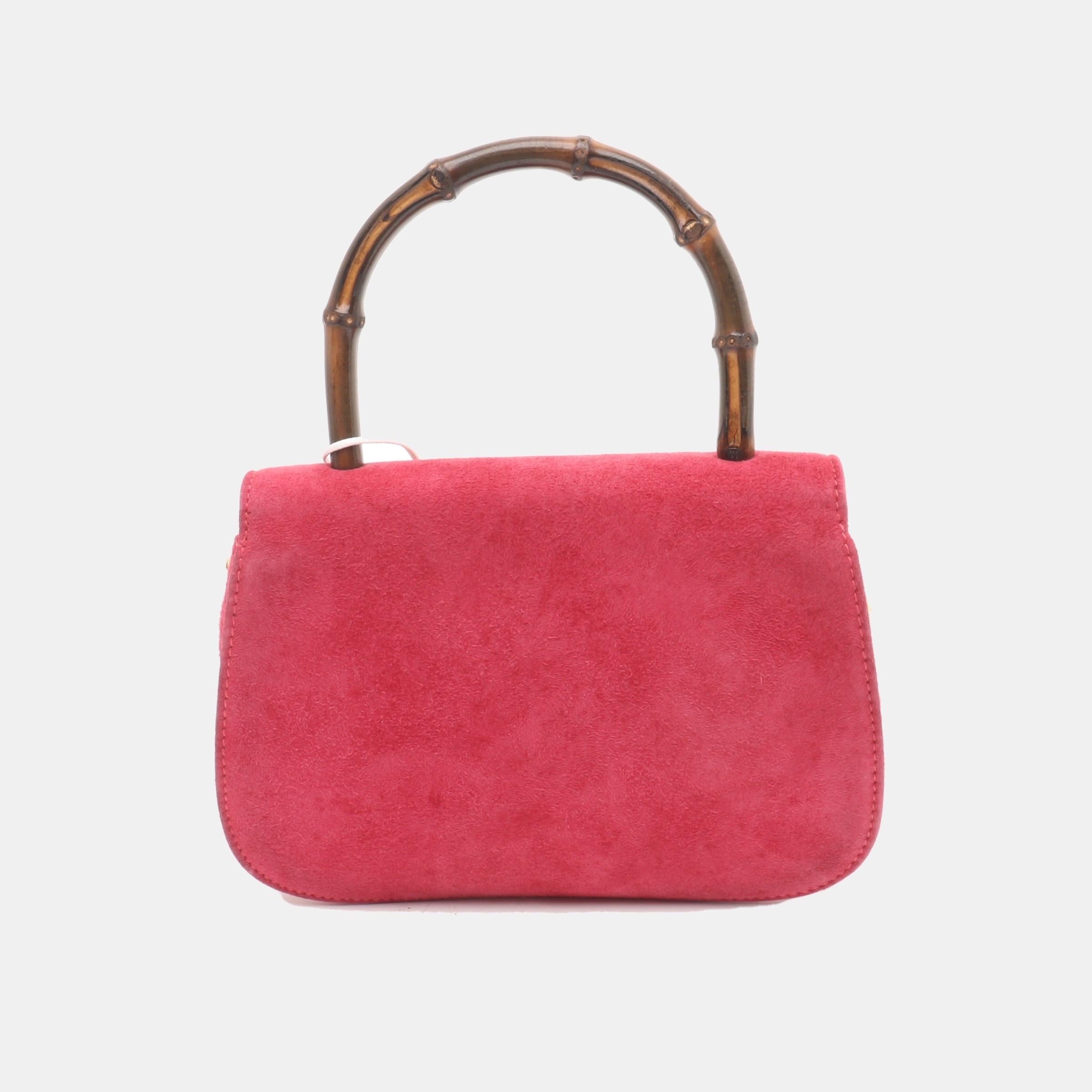 Gucci Bamboo 1947 Night Super Mini Pink Suede Evening Bag with Chain In Good Condition For Sale In AUBERVILLIERS, FR