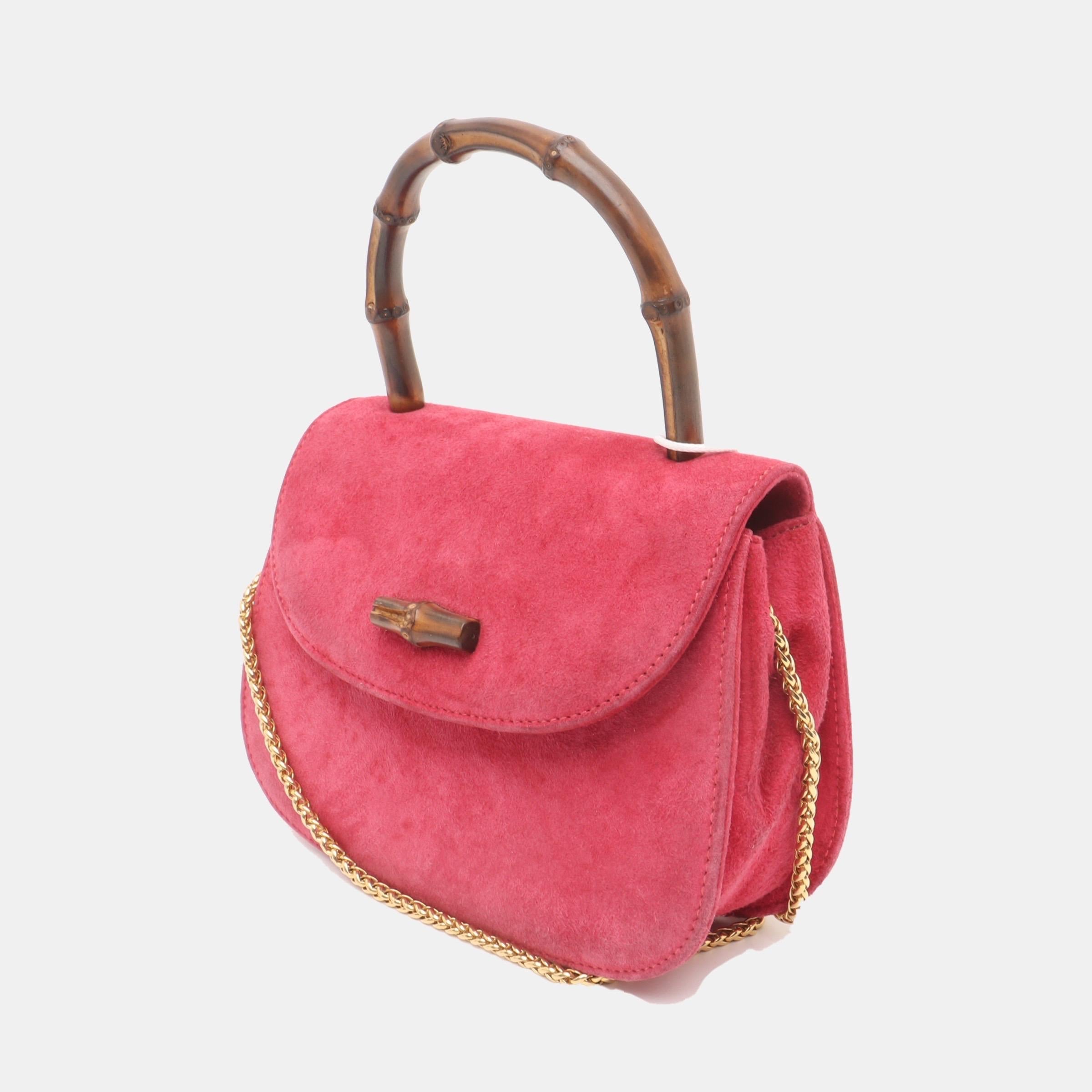 Women's Gucci Bamboo 1947 Night Super Mini Pink Suede Evening Bag with Chain For Sale