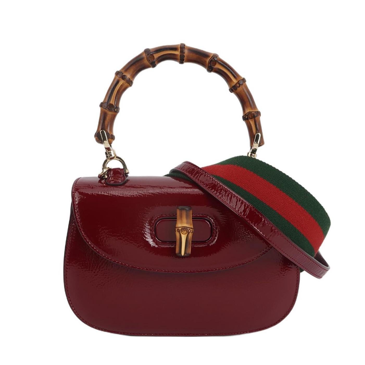 Gucci Bamboo 1947 Piccola Ancora Rosso Borgogna Borsa con manico superiore in pelle verniciata
