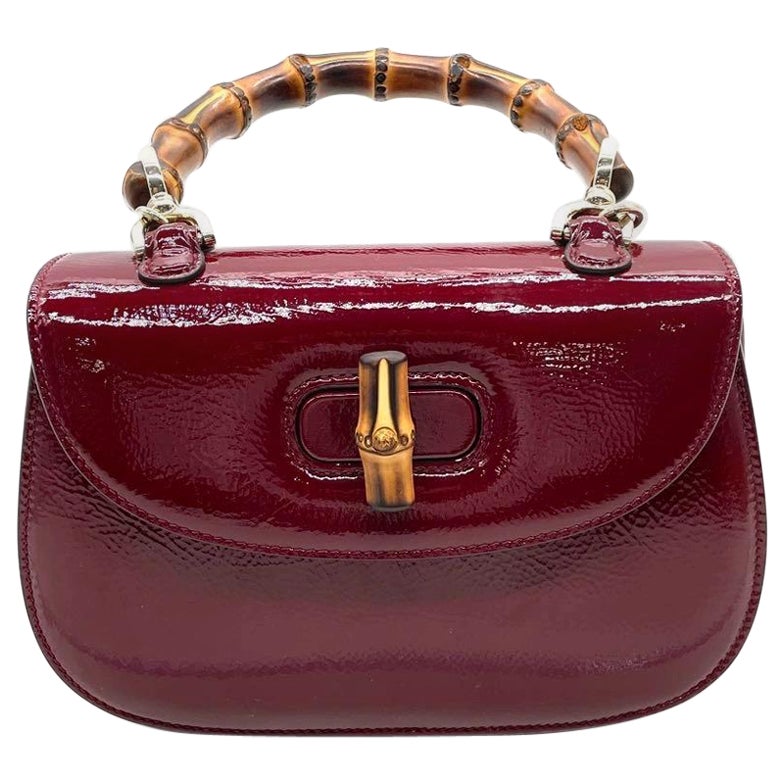 Gucci Bamboo 1947 Small Ancora Red Burgundy Patent Leather Top Handle Bag en vente