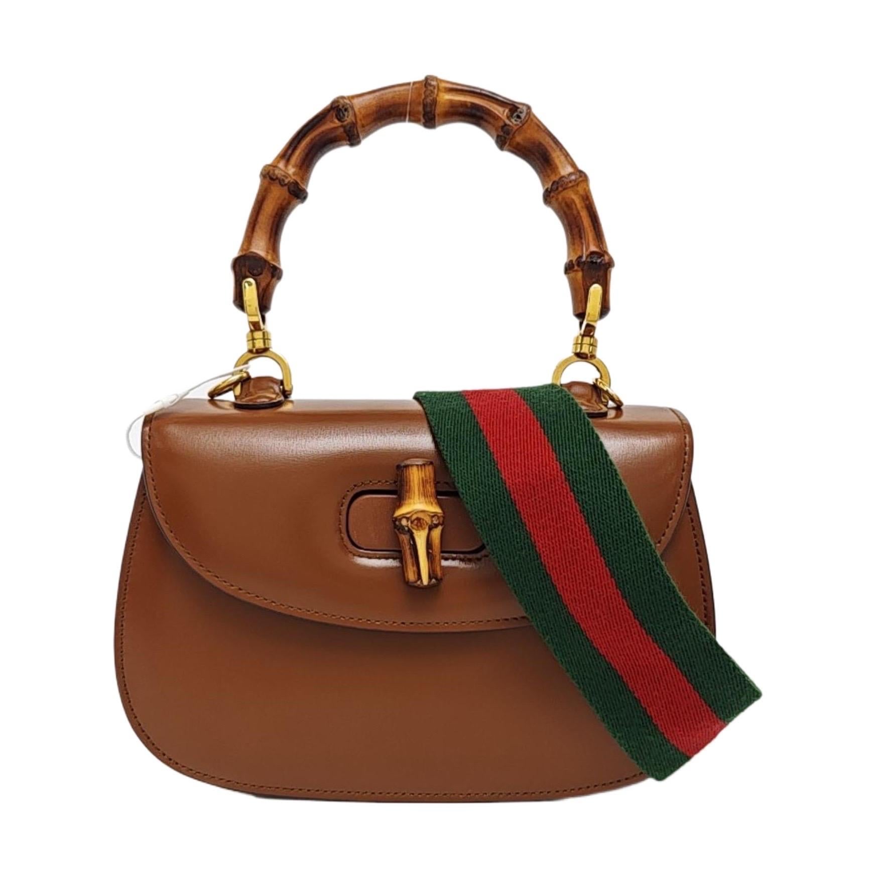 Gucci Bamboo 1947 Pequeño Bolso Marrón de Asa Superior de Piel con Correa