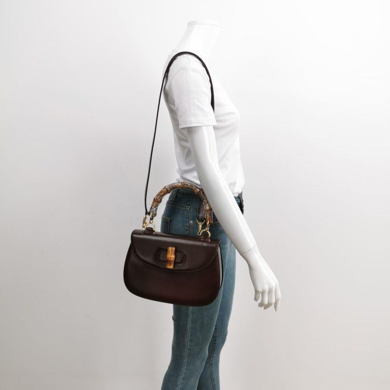 Gucci Bamboo 1947 Top Handle Bag Box Leather Medium Dark Chocolate Brown In Good Condition In AUBERVILLIERS, FR