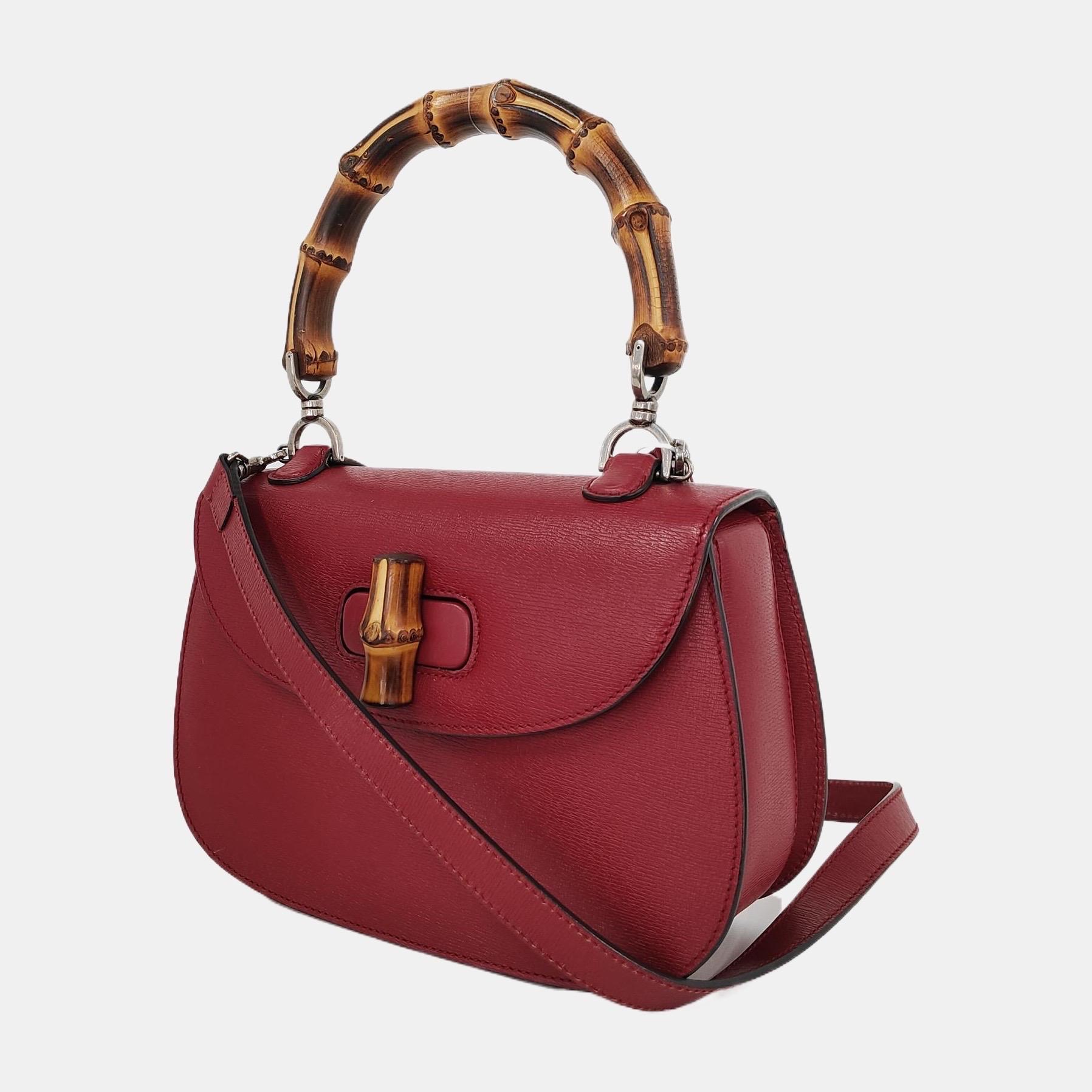 Brown Gucci Bamboo 1947 Top Handle Bag Leather Medium Burgundy with Strap
