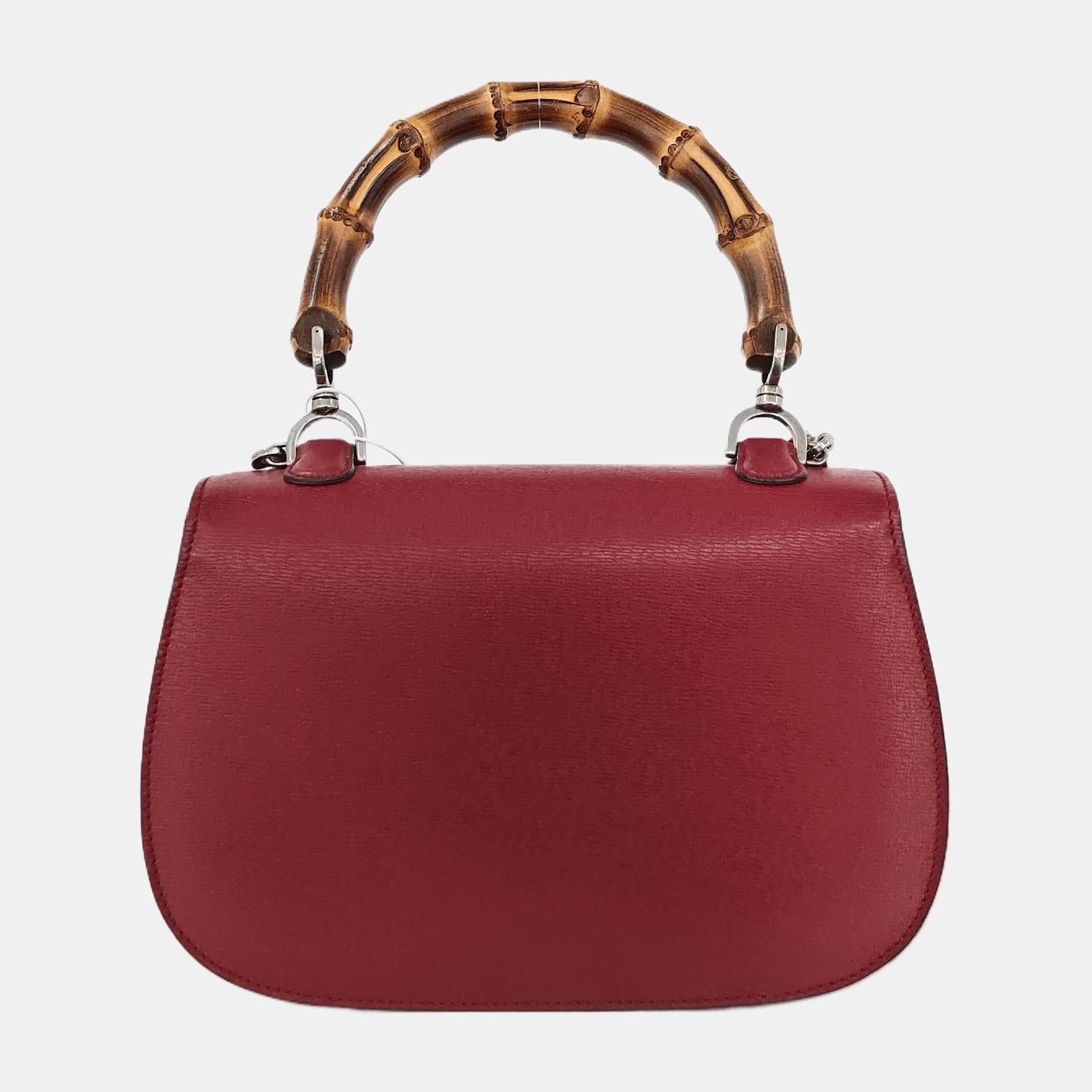 Women's Gucci Bamboo 1947 Top Handle Bag Leather Medium Burgundy with Strap