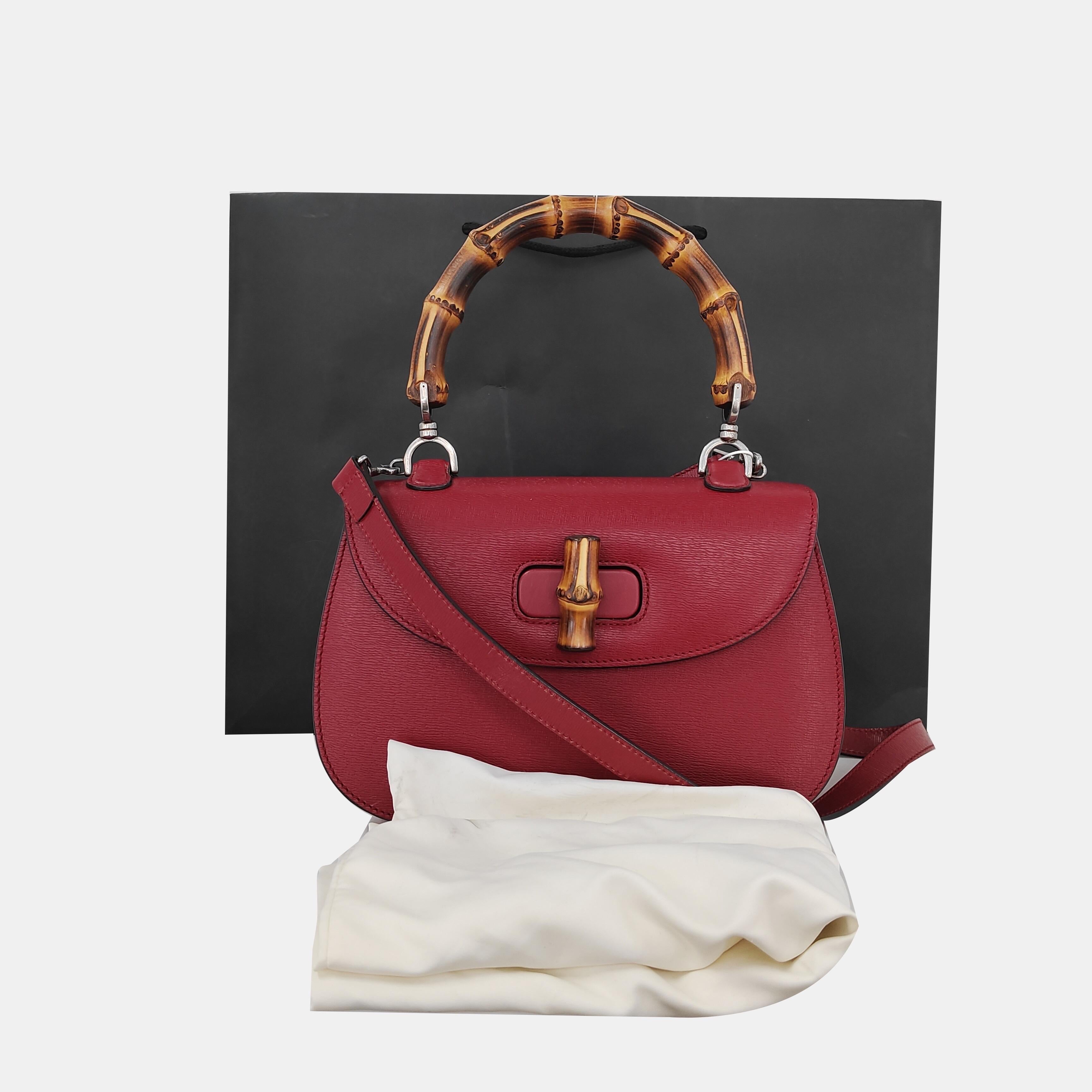 Gucci Bamboo 1947 Top Handle Bag Leather Medium Burgundy with Strap 4