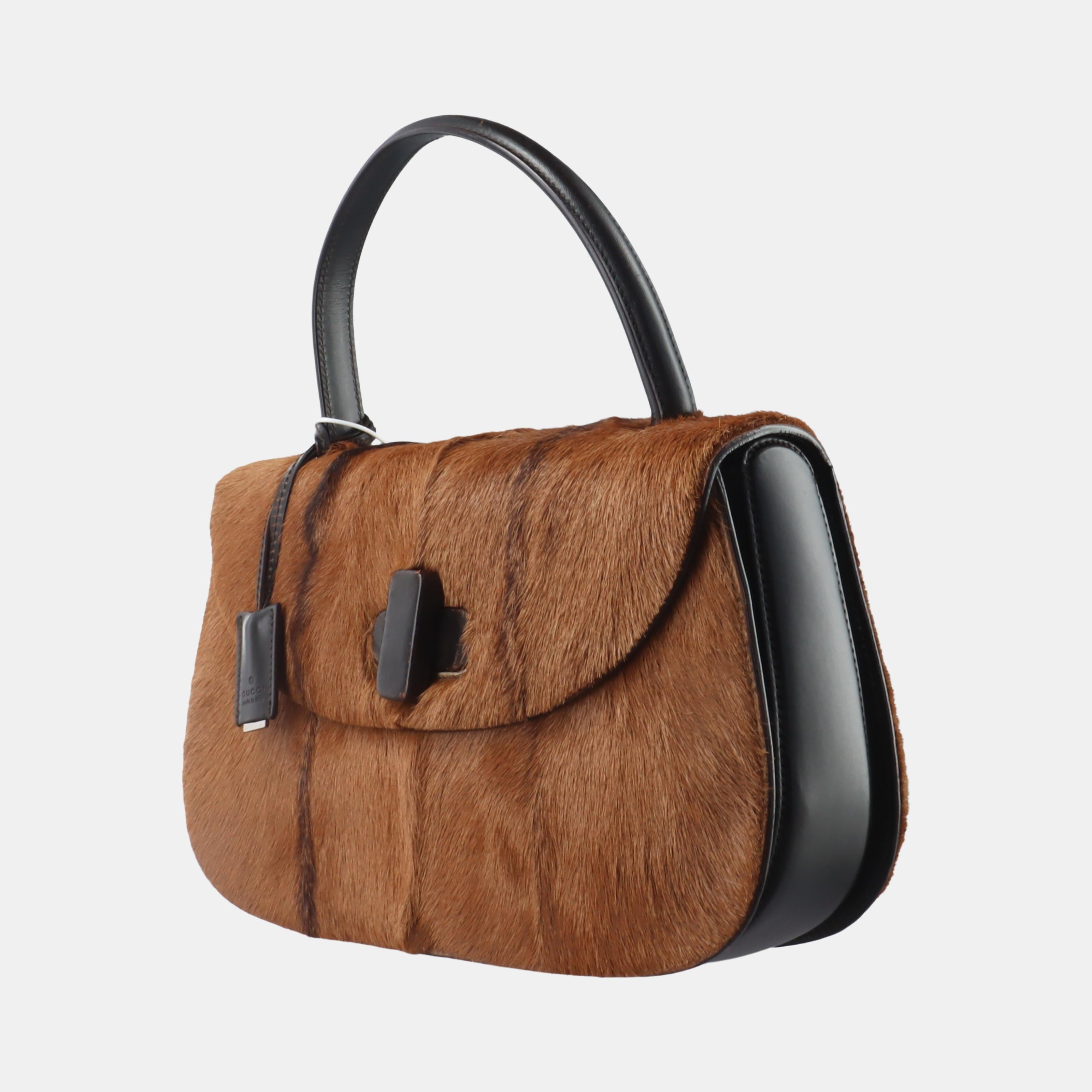 Brown Gucci Bamboo 1947 Top Handle Bag Leather Medium Pony-style Calfskin Leather