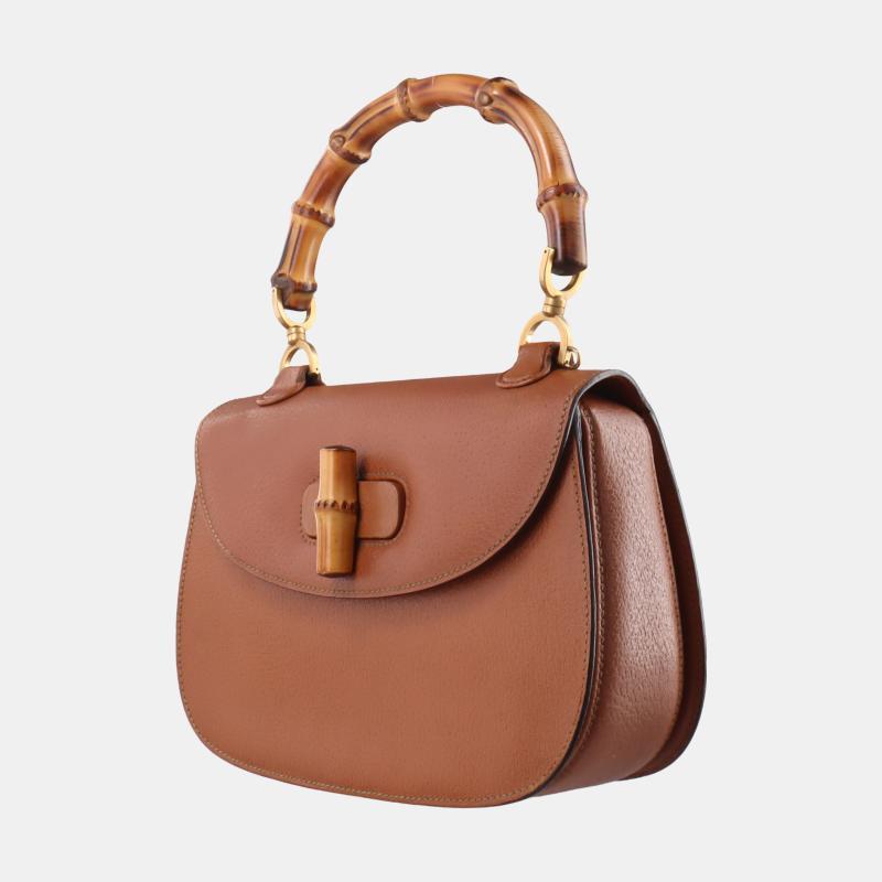 Gucci Bamboo 1947 Top Handle Bag Leather Medium Tan Brown In Excellent Condition In AUBERVILLIERS, FR