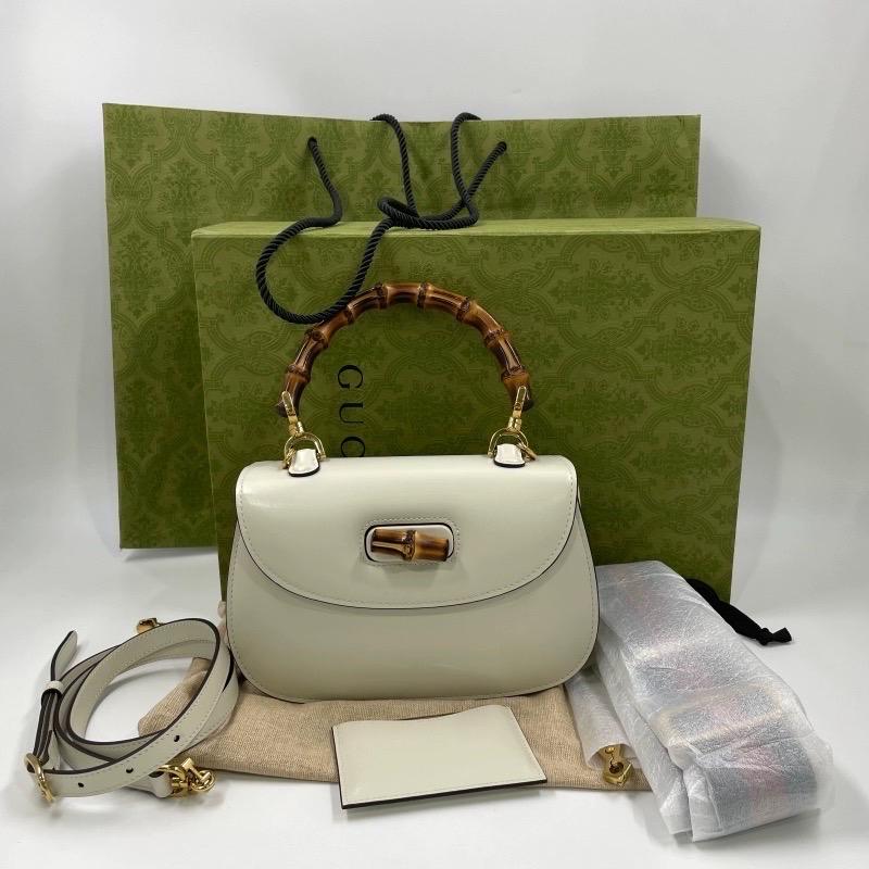 Gucci Bamboo 1947 Top Handle Bag Small White Box Leather Canvas Strap en vente 8