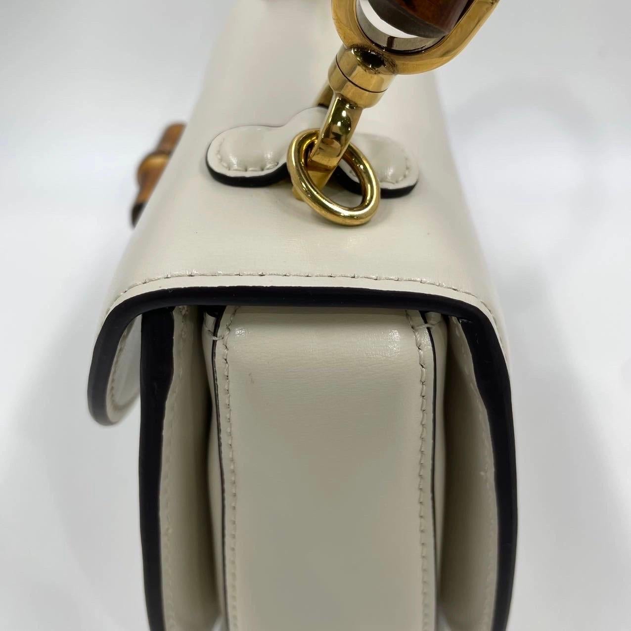 Gucci Bamboo 1947 Top Handle Bag Small White Box Leather Canvas Strap en vente 10