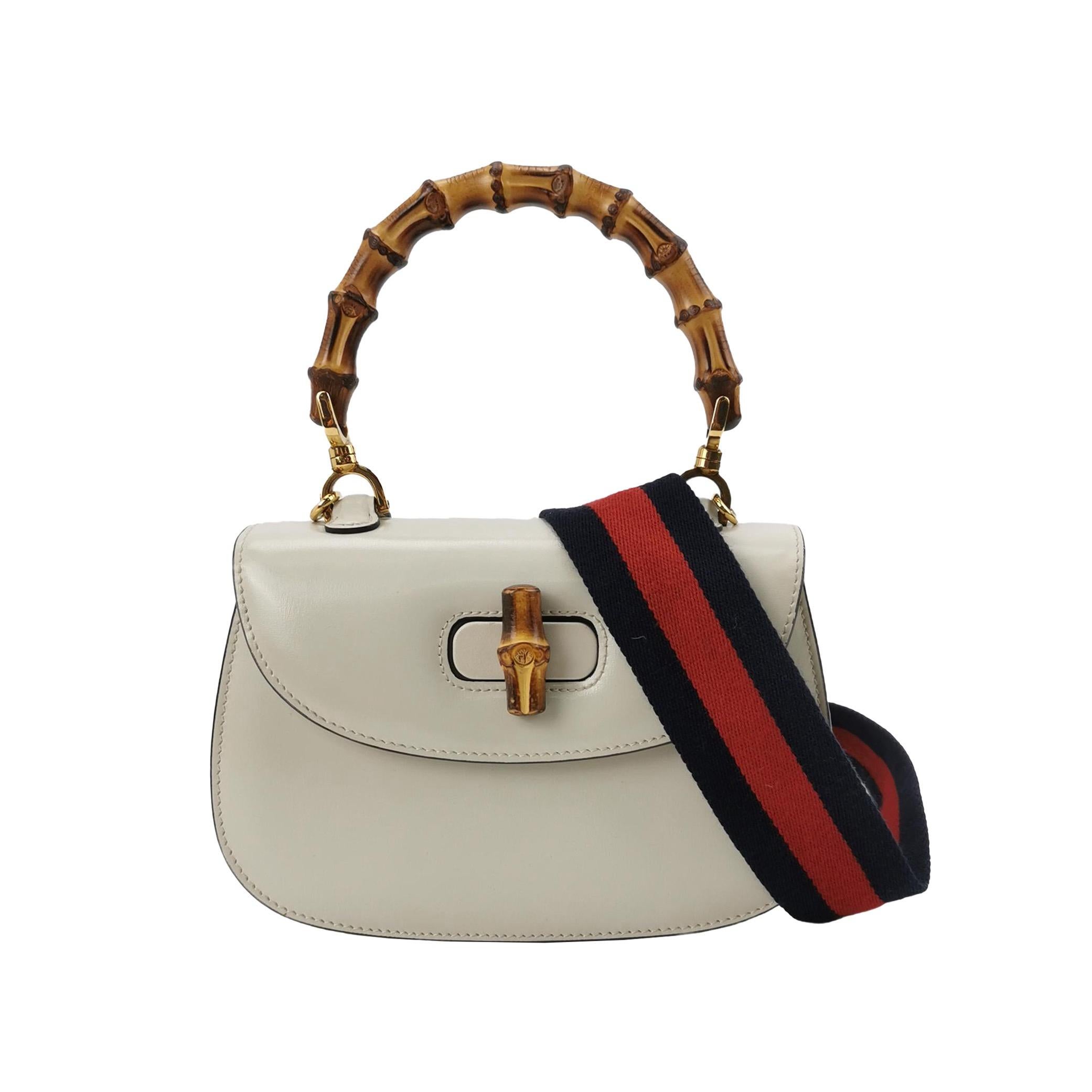 Gucci Bamboo 1947 Top Handle Bag Small White Box Leather Canvas Strap
