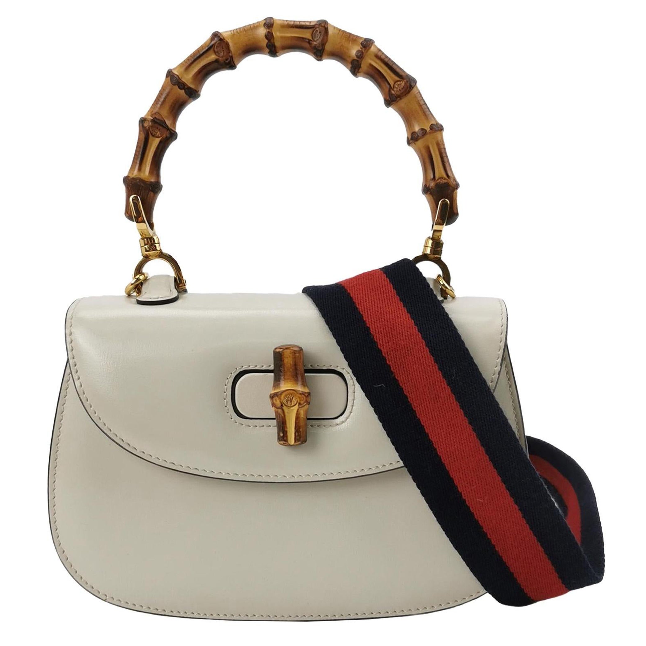 Gucci Bamboo 1947 Top Handle Bag Small White Box Leather Canvas Strap