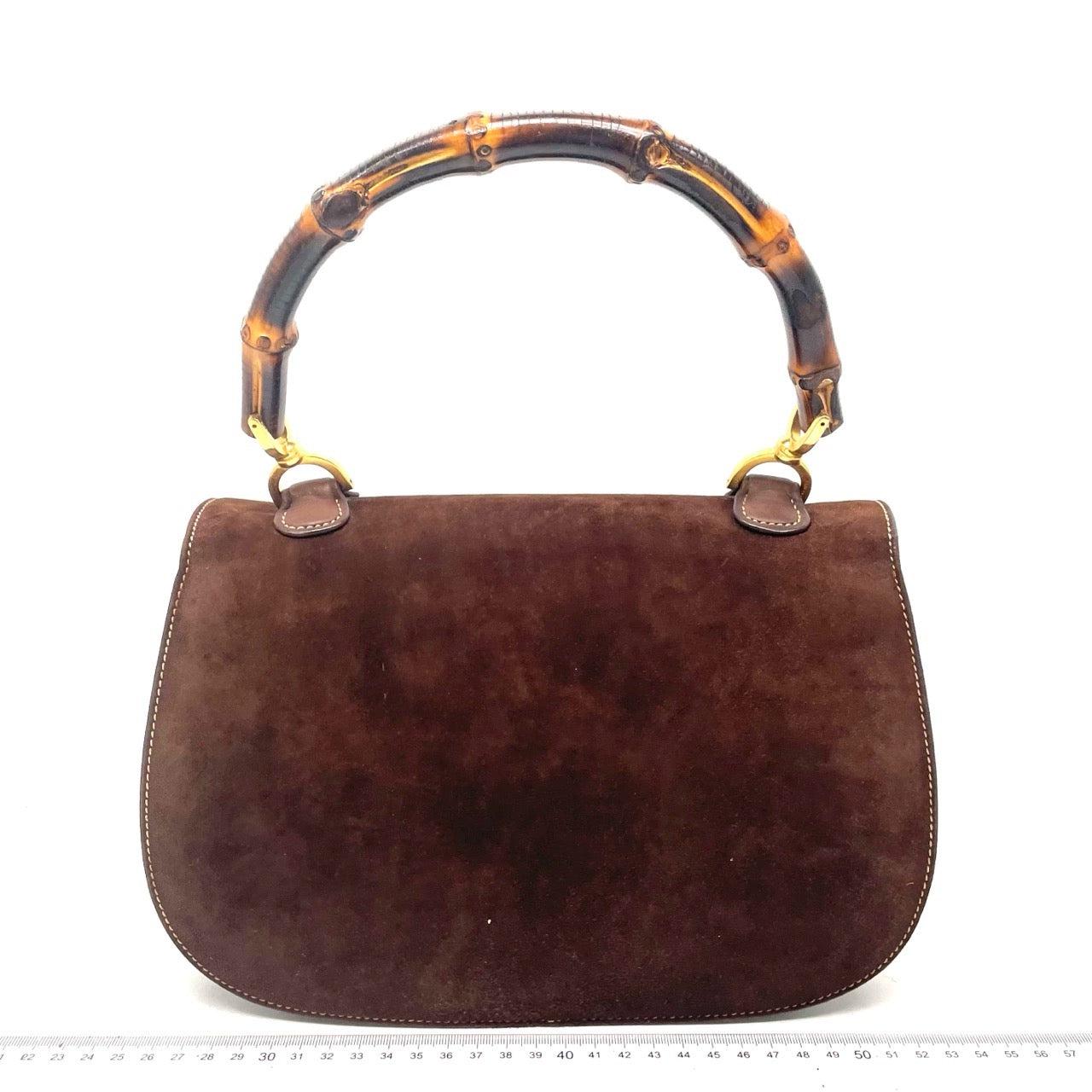 Black Gucci Bamboo 1947 Top Handle Bag Suede Leather Medium Dark Chocolate Brown