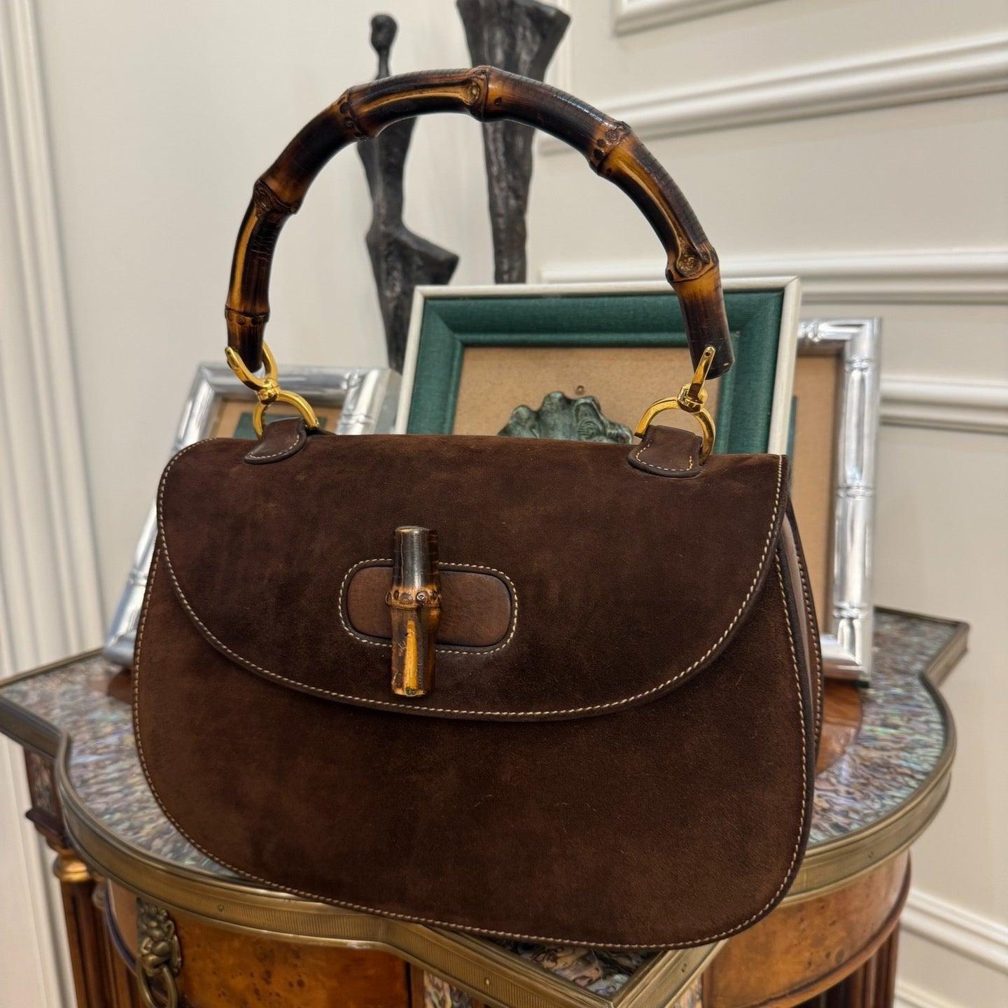Gucci Bamboo 1947 Top Handle Bag Suede Leather Medium Dark Chocolate Brown In Good Condition In AUBERVILLIERS, FR