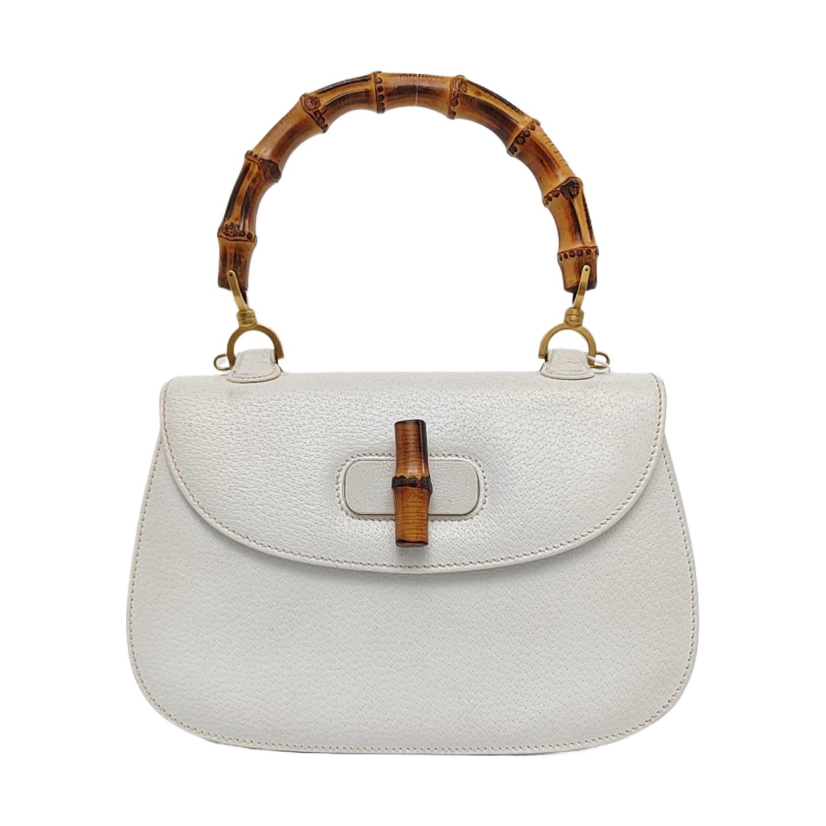 Gucci Bamboo 1947 Top Handle Bag White Grained Leather Medium