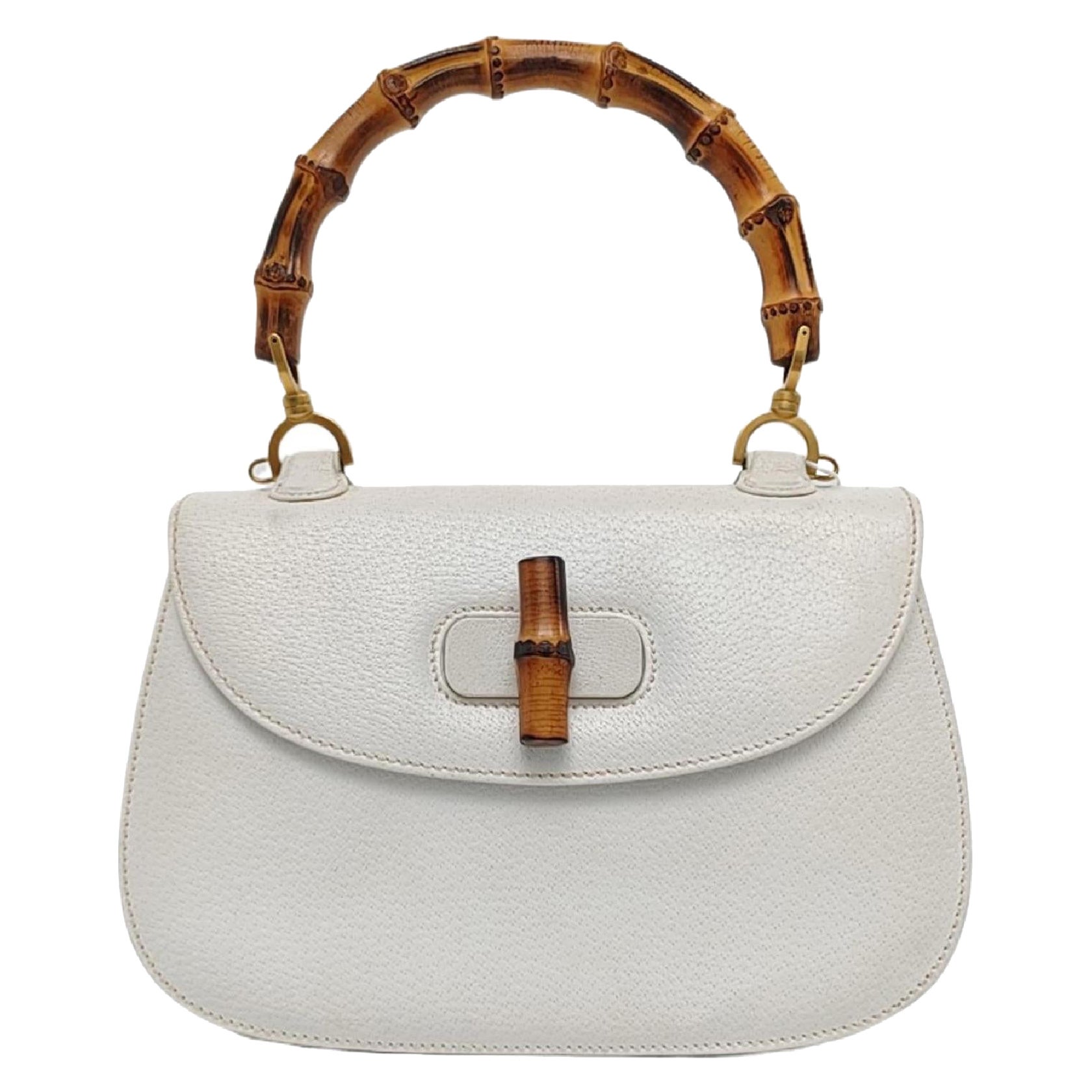 Gucci Bamboo 1947 Top Handle Bag White Grained Leather Medium