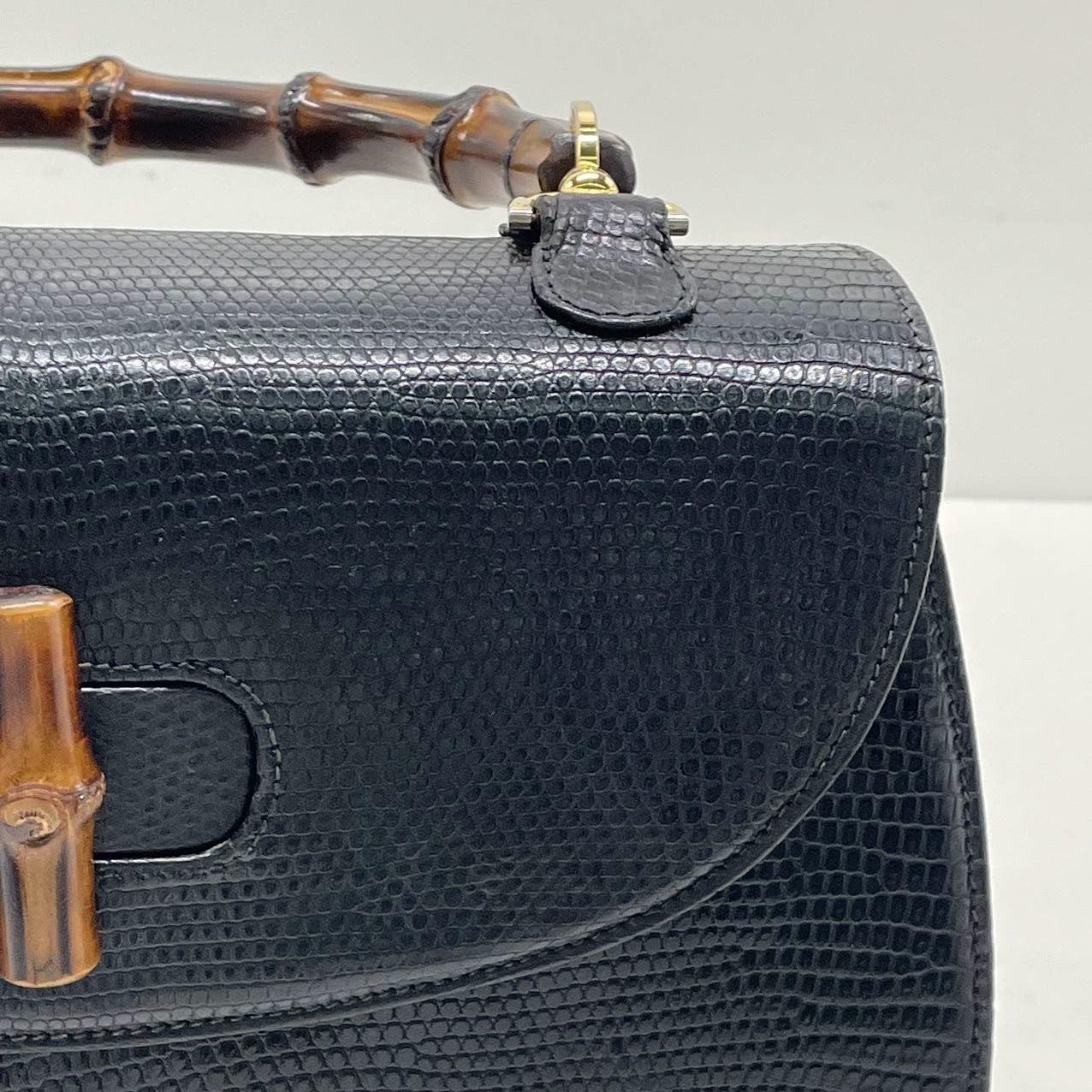 Gucci Bamboo 1947 Vintage Rare Lizard-skin Leather Large Black with Strap 9