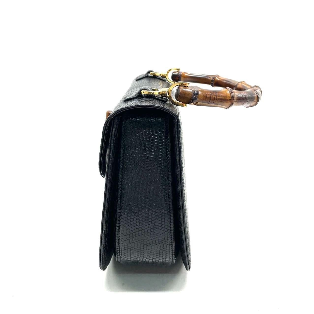 Women's Gucci Bamboo 1947 Vintage Rare Lizard-skin Leather Large Black with Strap