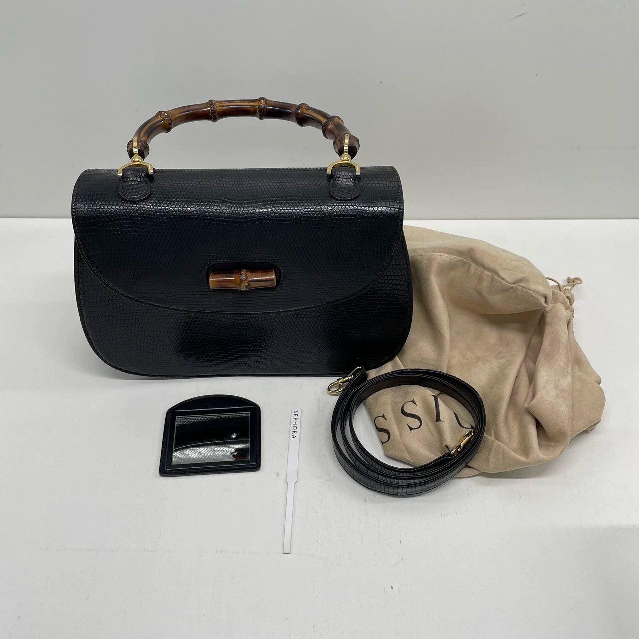 Gucci Bamboo 1947 Vintage Rare Lizard-skin Leather Large Black with Strap 3