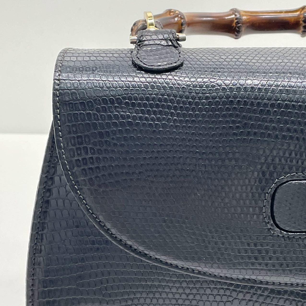 Gucci Bamboo 1947 Vintage Rare Lizard-skin Leather Large Black with Strap 4