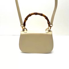 Gucci Bamboo 1947 Vintage Small White Box Leather Top Handle and Leather Strap