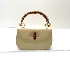 Gucci Bamboo 1947 Vintage Small White Box Leather Top Handle and Leather Strap