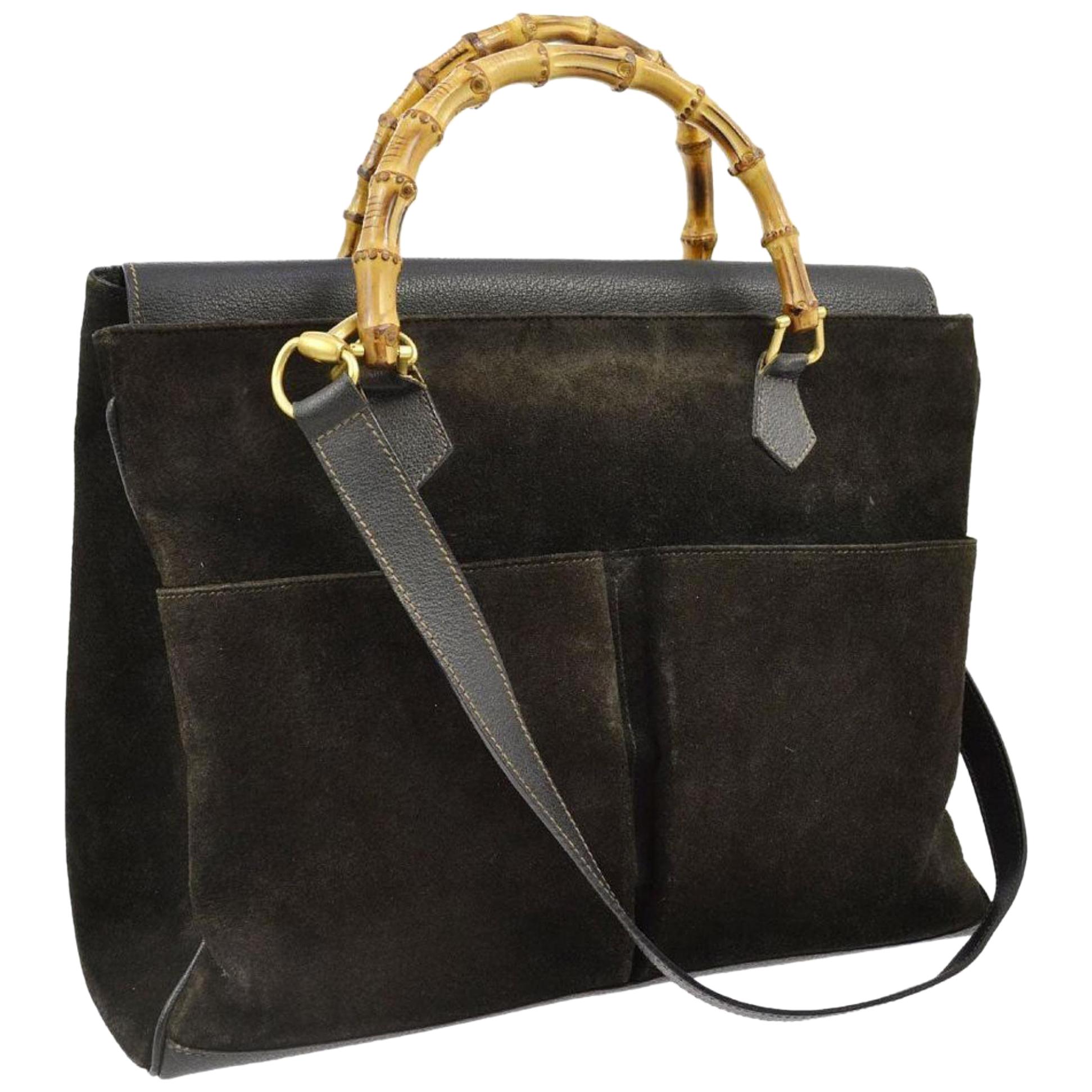Gucci Bamboo 2way Tote 870382 Black Suede Leather Shoulder Bag For Sale