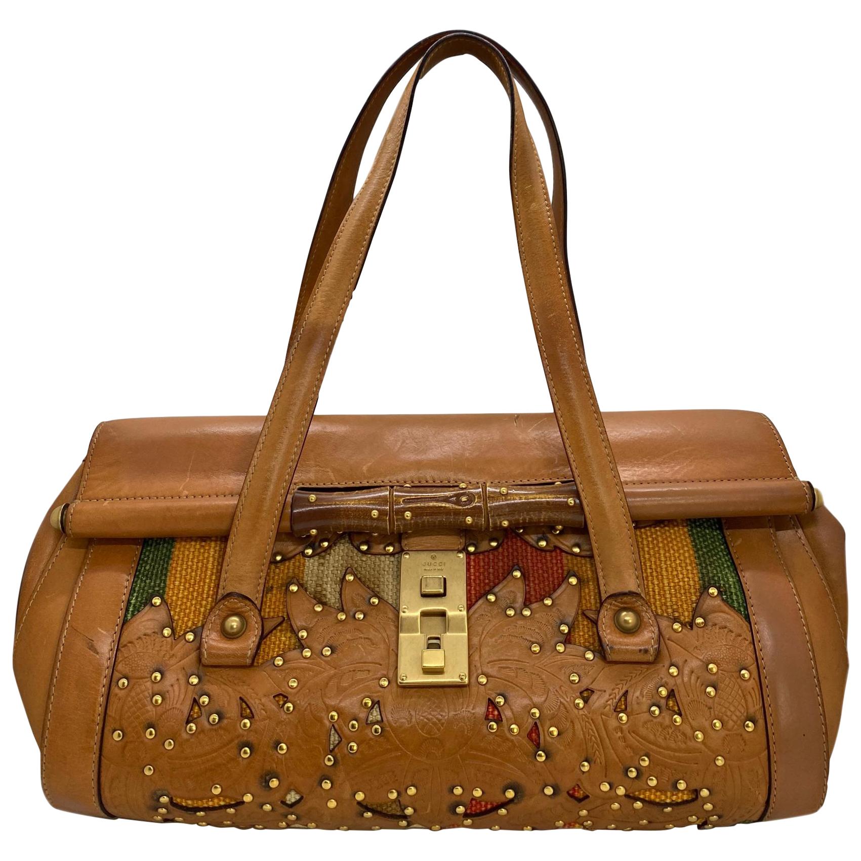 Gucci Bamboo Bullet Leather Studded Limited Edition Tri-Color Handbag.