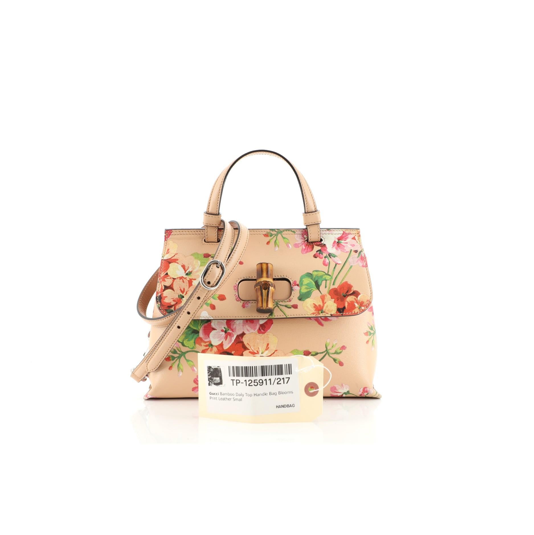 Beige Gucci Bamboo Daily Top Handle Bag Blooms Print Leather Small
