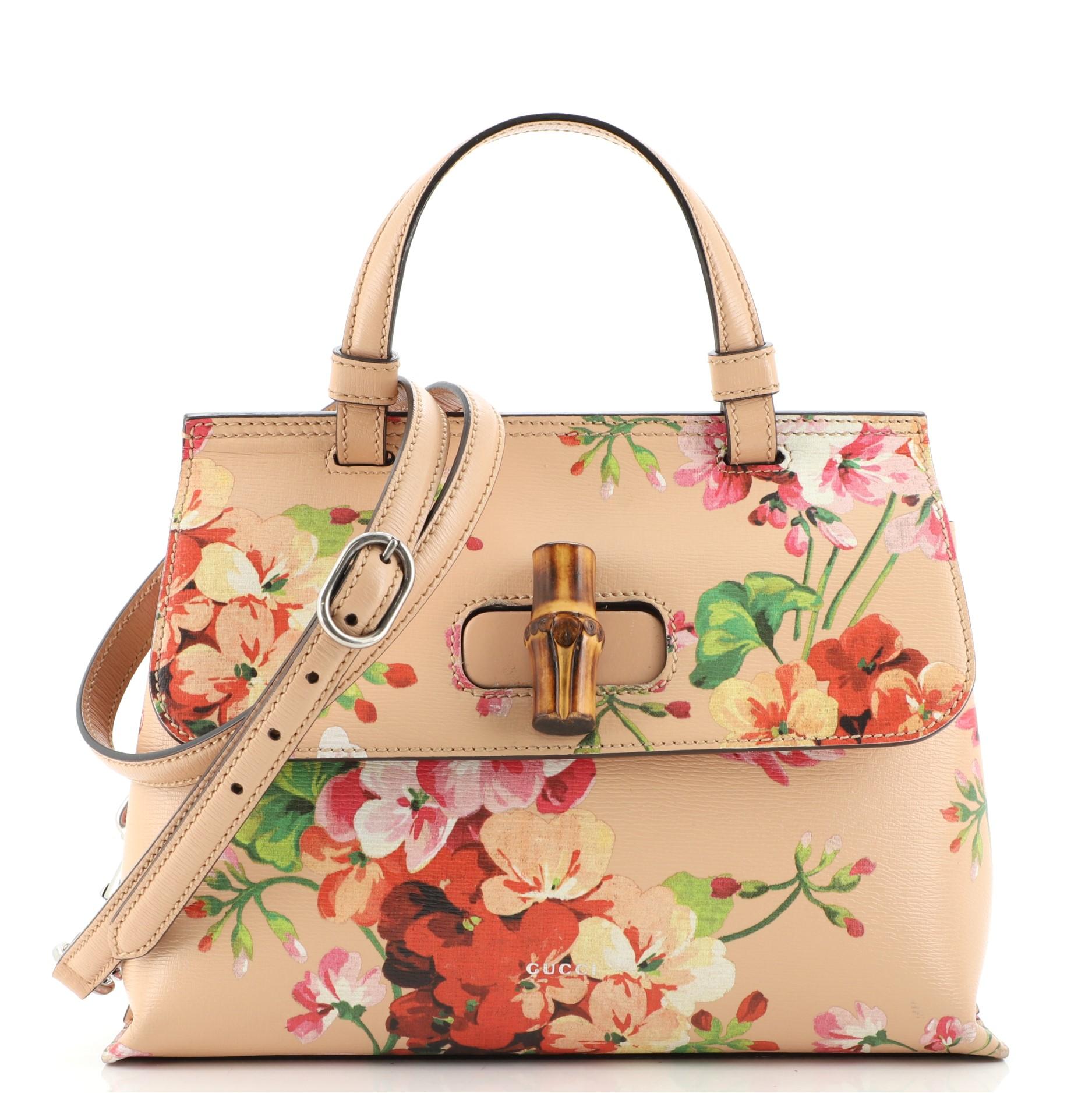Gucci Bamboo Daily Top Handle Bag Blooms Print Leather Small In Good Condition In NY, NY