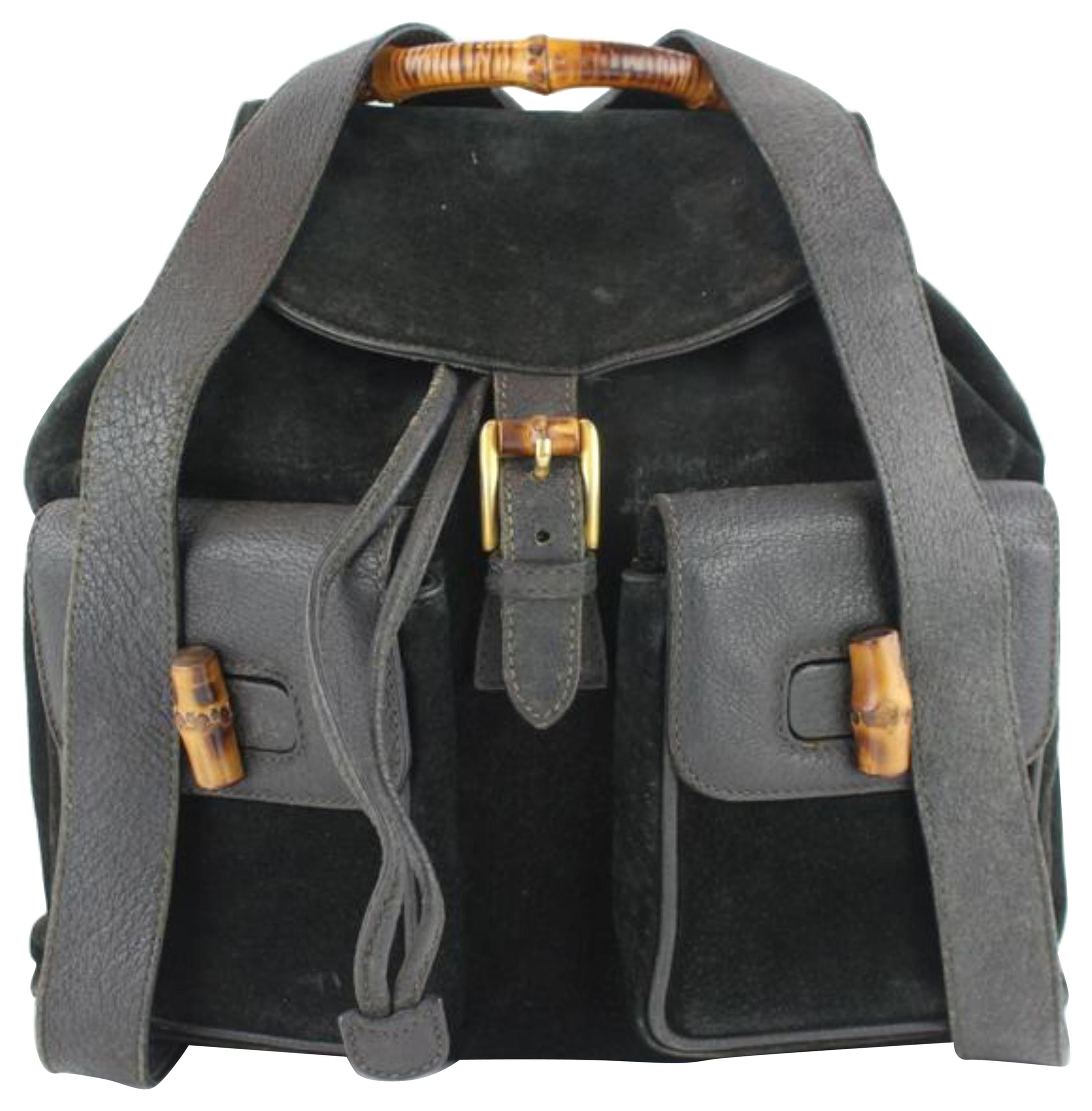 Gucci Bamboo Double Pocket 2gz1129 Black Suede Leather Backpack For Sale