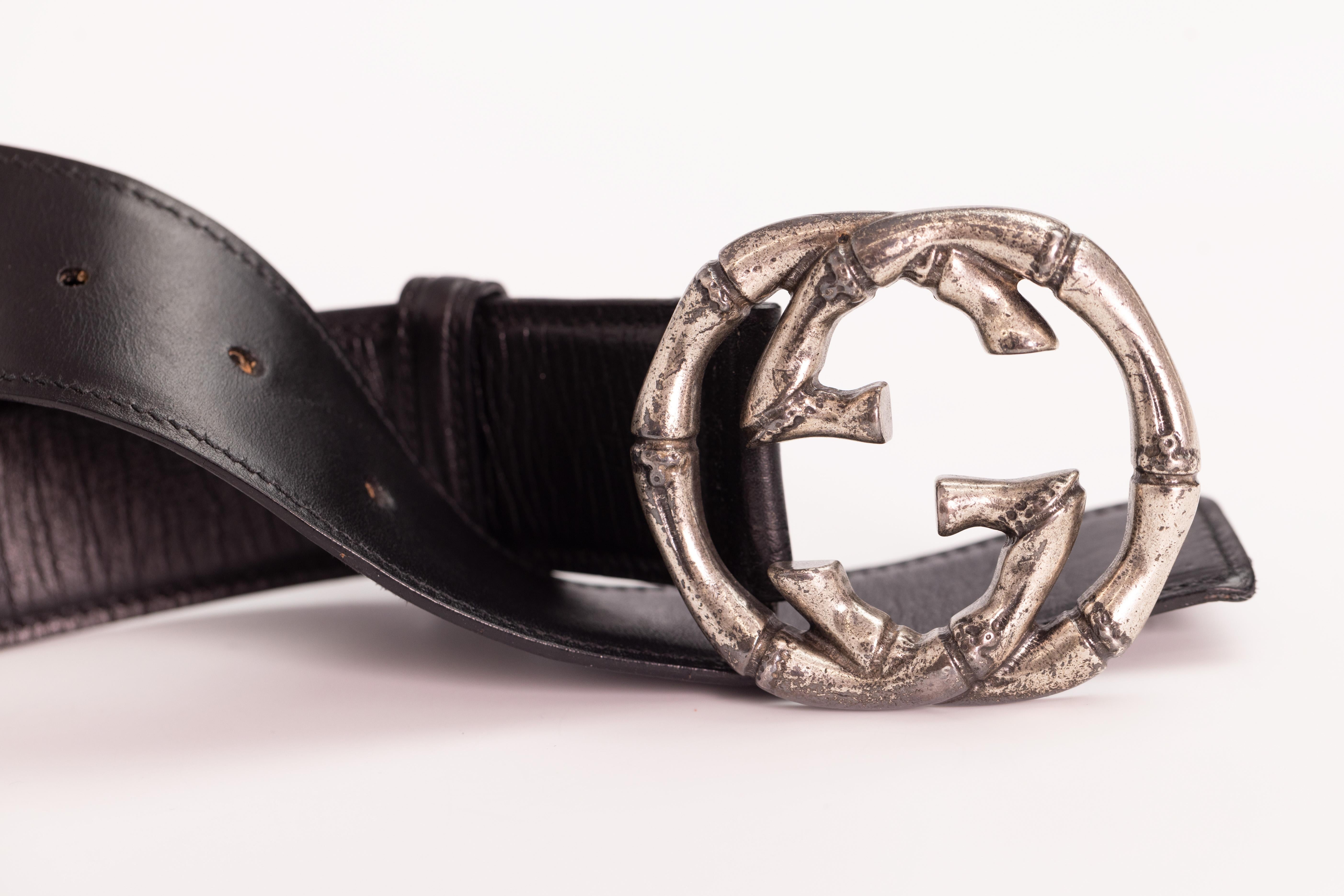 Gucci Bamboo GG Aged Metal Black Leather Belt (80/32) 1