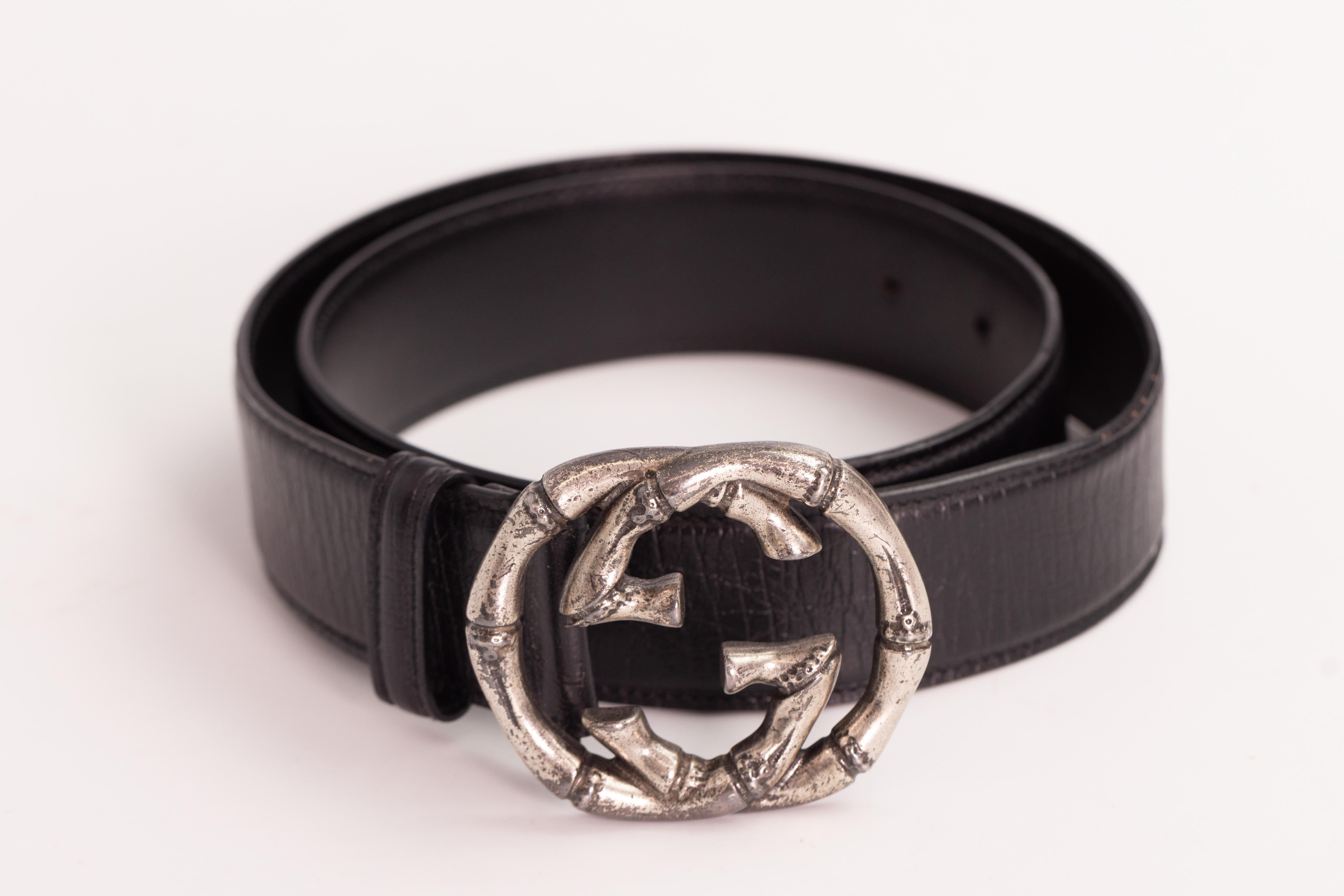 Gucci Bamboo GG Aged Metal Black Leather Belt (80/32) 2