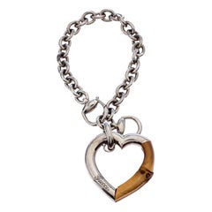 Gucci Bamboo Heart Silver Chain Link Charm Bracelet