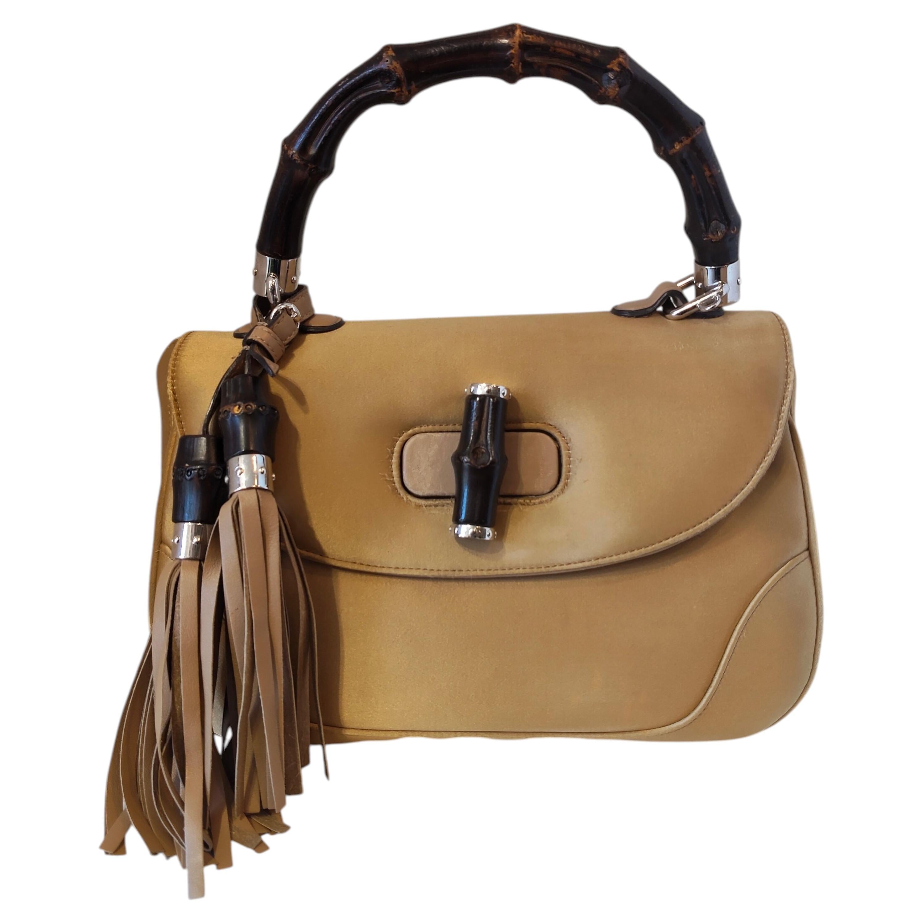 Gucci Bamboo in raso di seta marrone chiaro con manico o tracolla