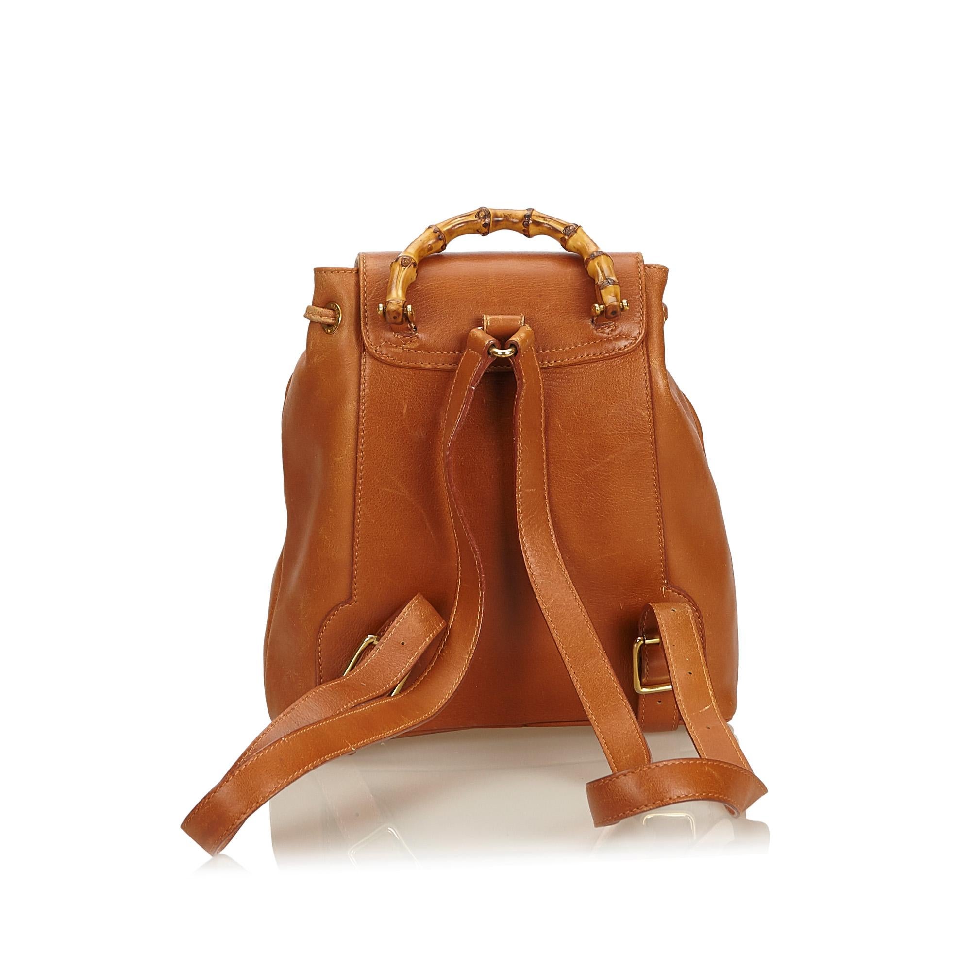 Brown Gucci Bamboo Leather Drawstring Backpack