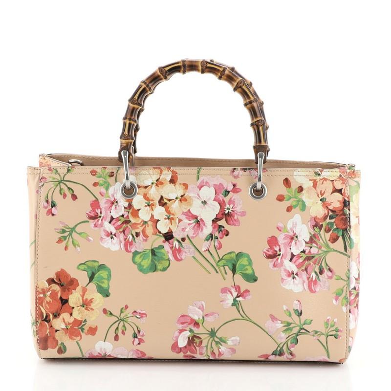 Beige Gucci Bamboo Shopper Tote Blooms Print Leather Medium 