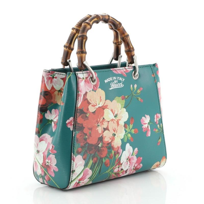 Blue Gucci Bamboo Shopper Tote Blooms Print Leather Mini