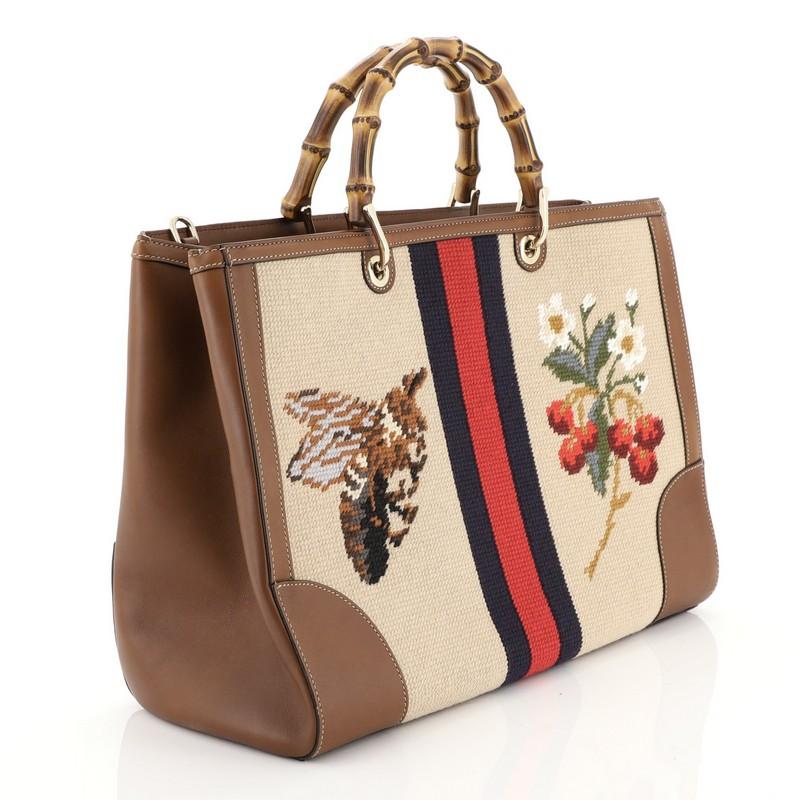 Brown Gucci Bamboo Shopper Tote Needle Point Textile Large