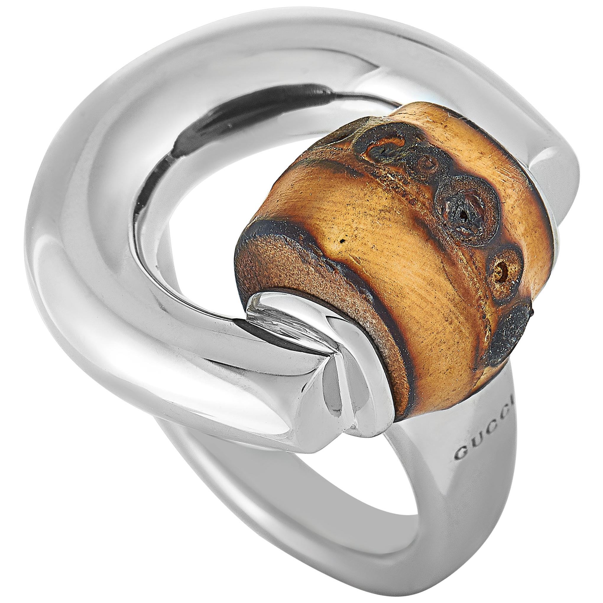 Gucci Bamboo Silver and Natural Bamboo Horsebit Ring