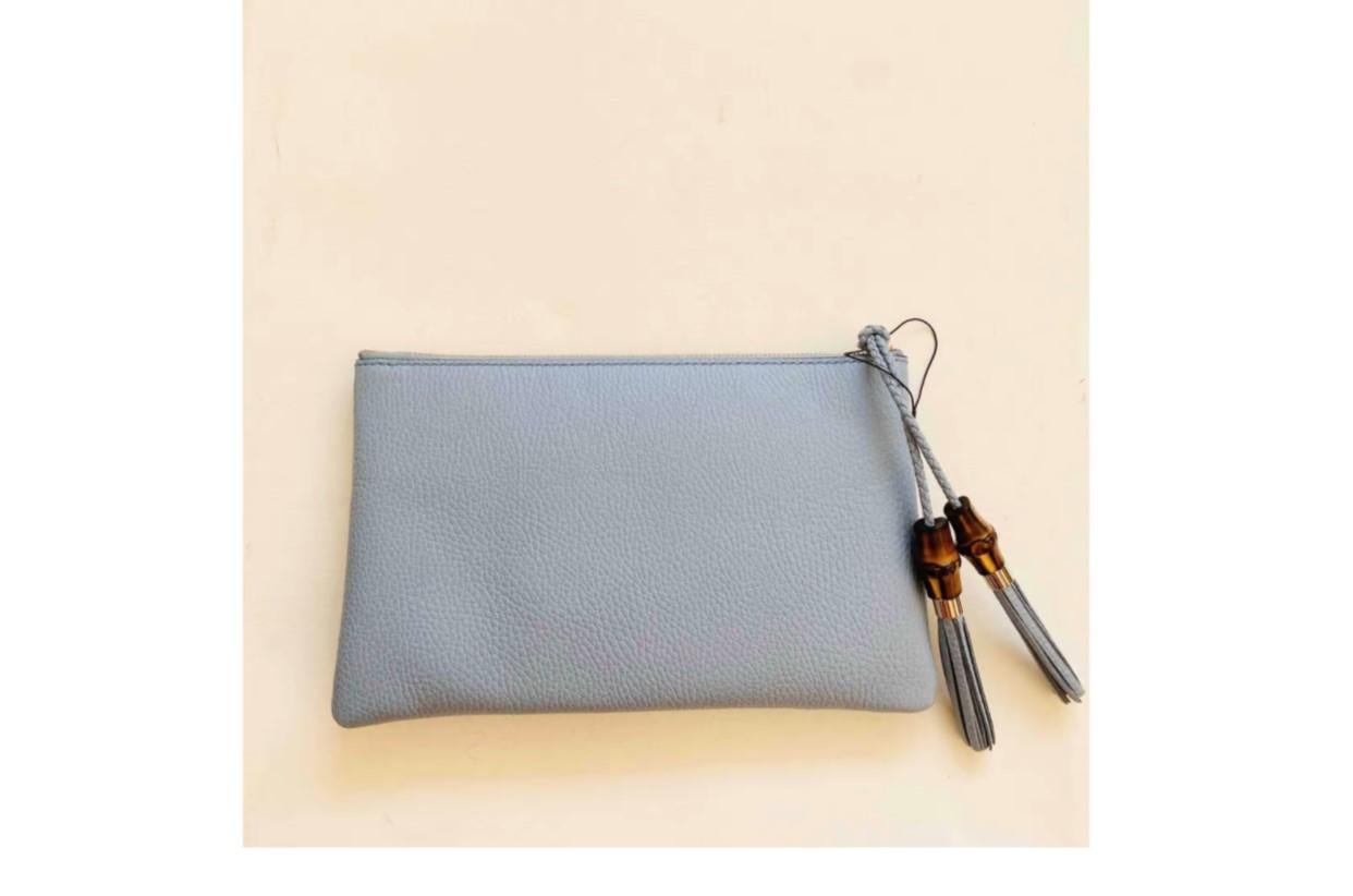 Gray Gucci Bamboo Soft Light Blue Leather Pouch Wallet Purse Clutch DG Card Bag
