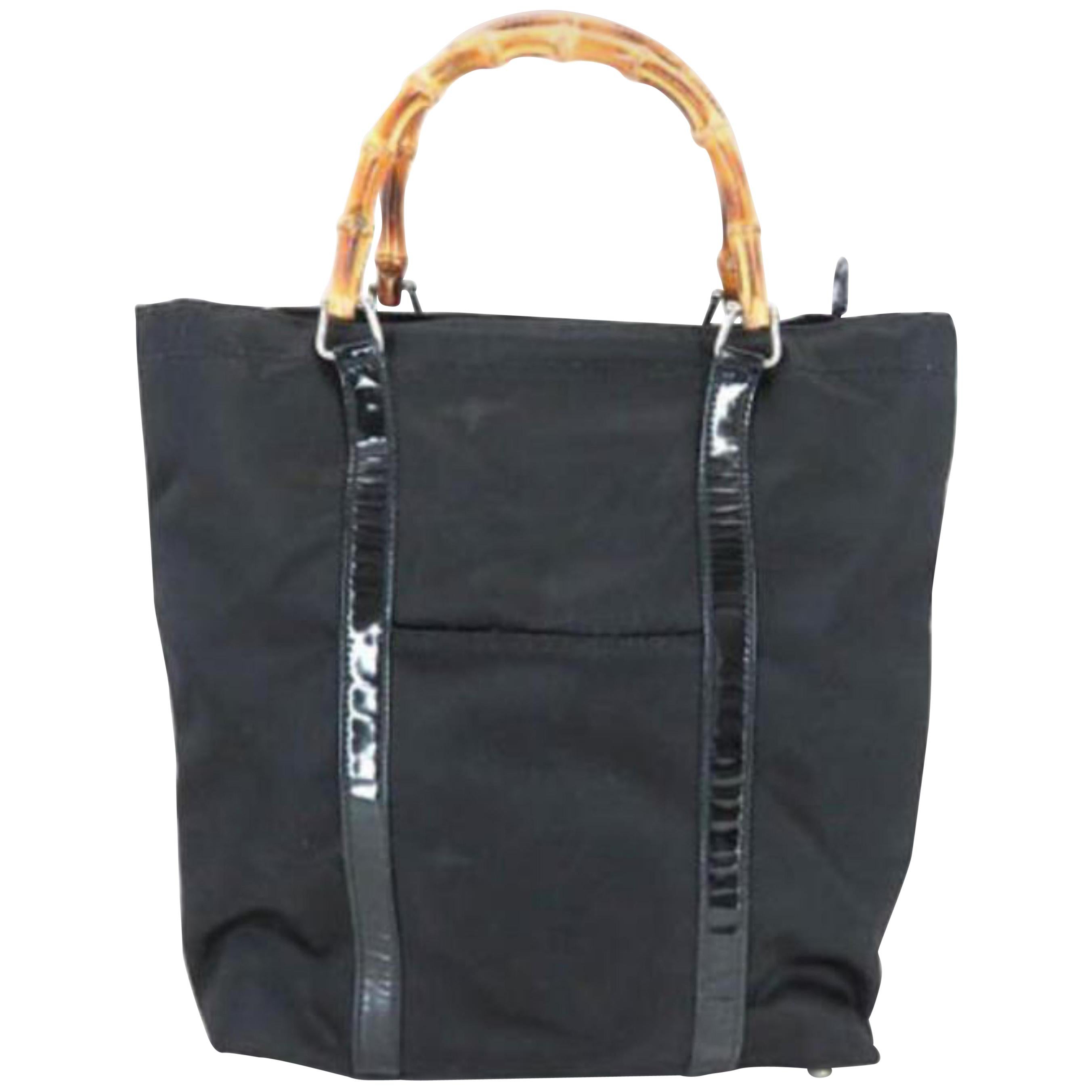 Gucci Bamboo Tall 224183 Black Nylon X Patent Leather Tote For Sale