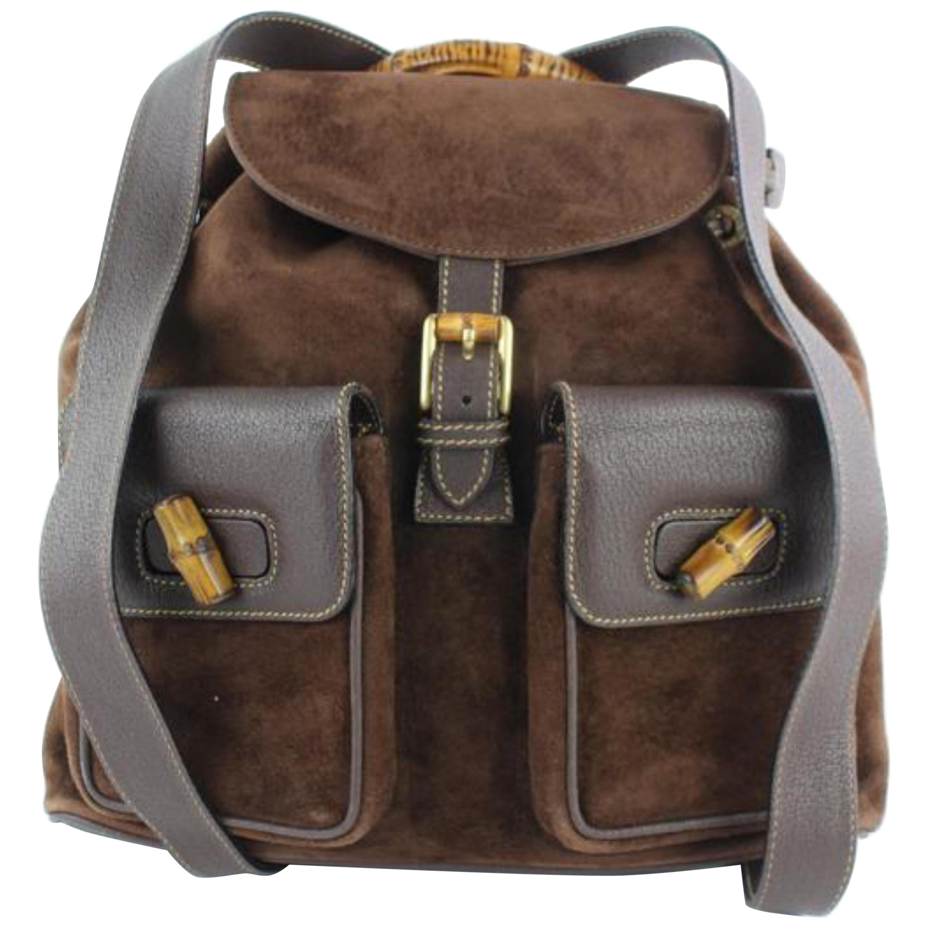 Gucci Bamboo Twin Pocket 13gz1217 Brown Suede Leather Backpack For Sale