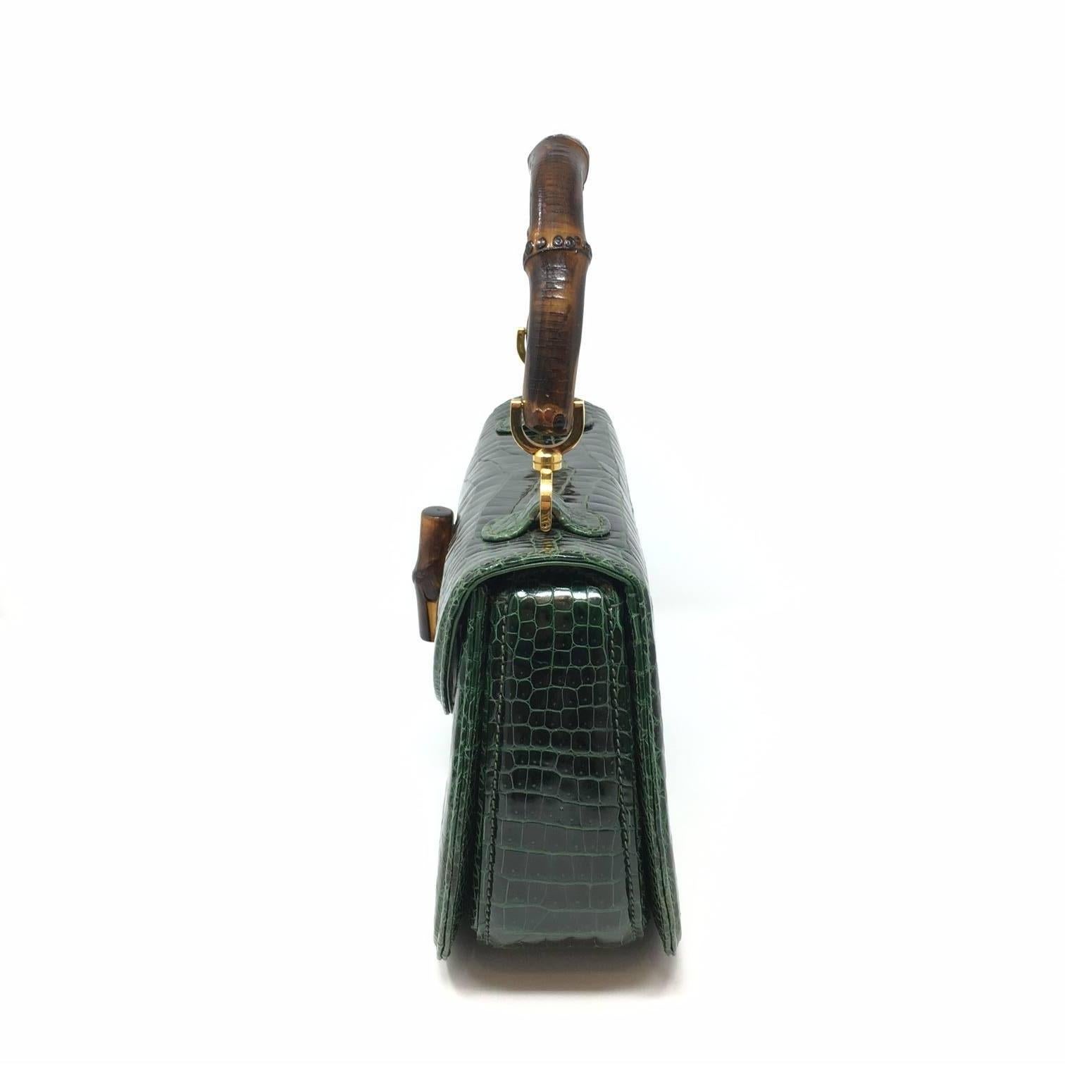 Gucci  Vintage Bamboo Green Crocodile Leather Bag 2