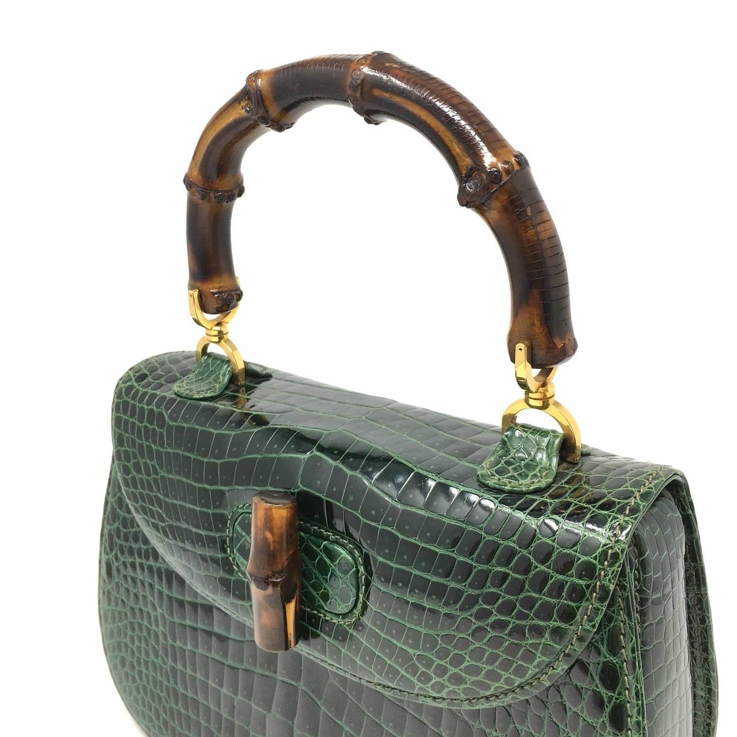 Gucci  Vintage Bamboo Green Crocodile Leather Bag 3