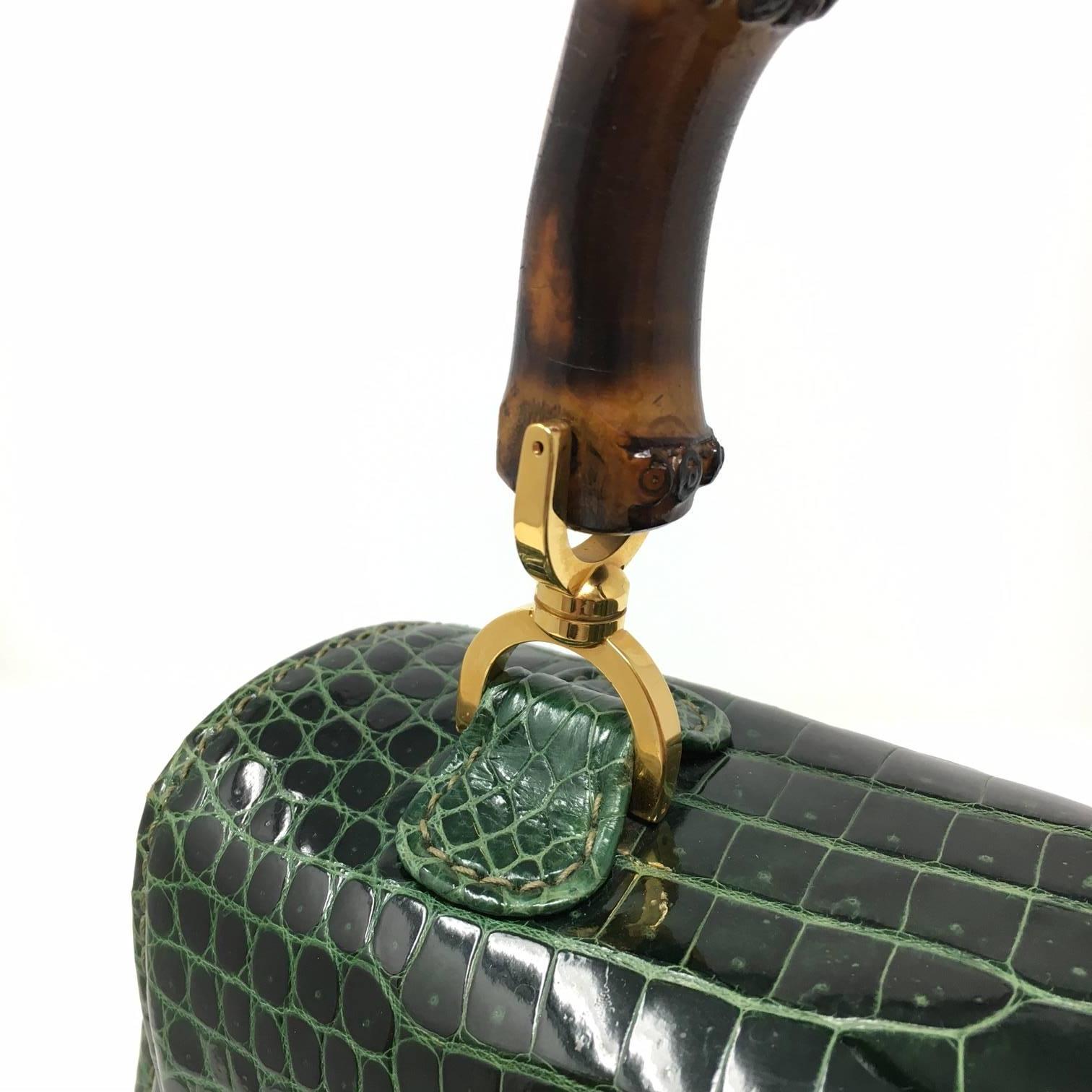 Gucci  Vintage Bamboo Green Crocodile Leather Bag 4