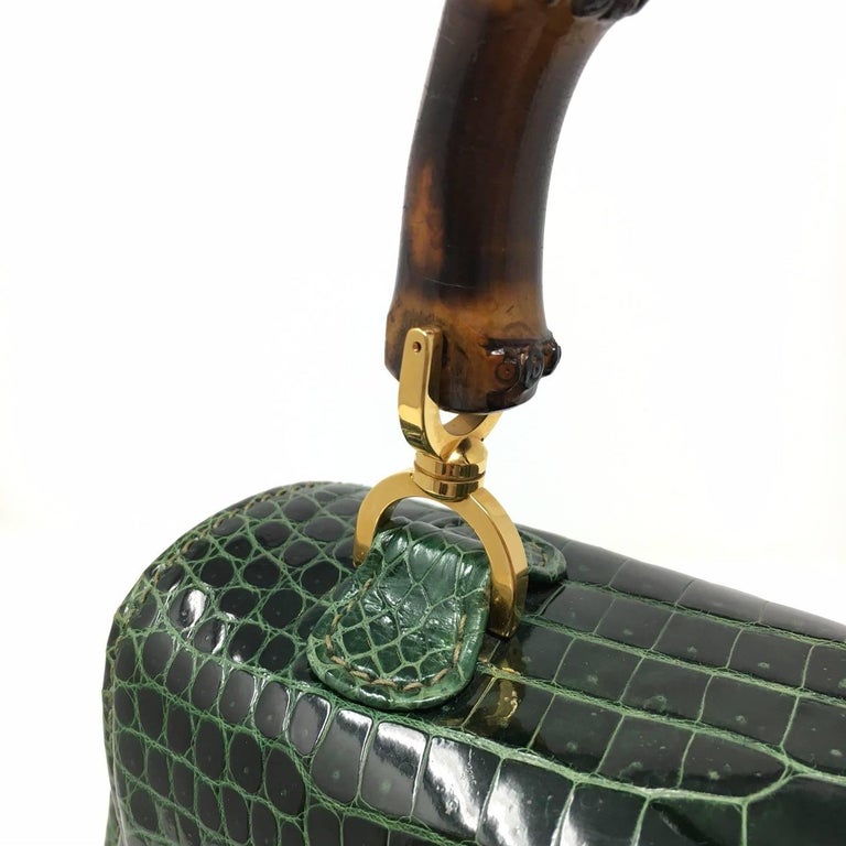 Gucci Vintage Bamboo Green Crocodile Leather Bag at 1stDibs
